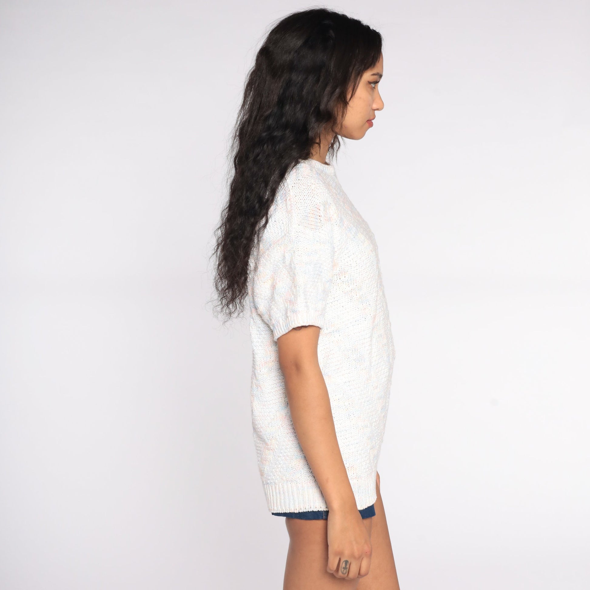 80s White Pastel Striped Knit Shirt Short Sleeve Medium Large