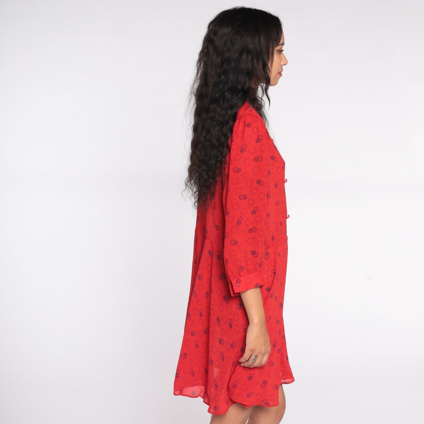 80s Geometric Print Wrap Dress Red Mini V-Neck High Waist Medium Large