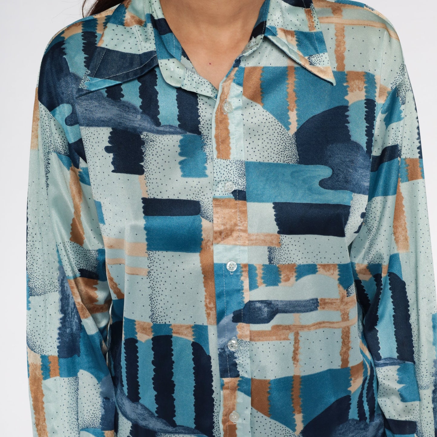 70s Opus I Psychedelic Print Button-Up Shirt Long Sleeve Blue Brushstroke Large