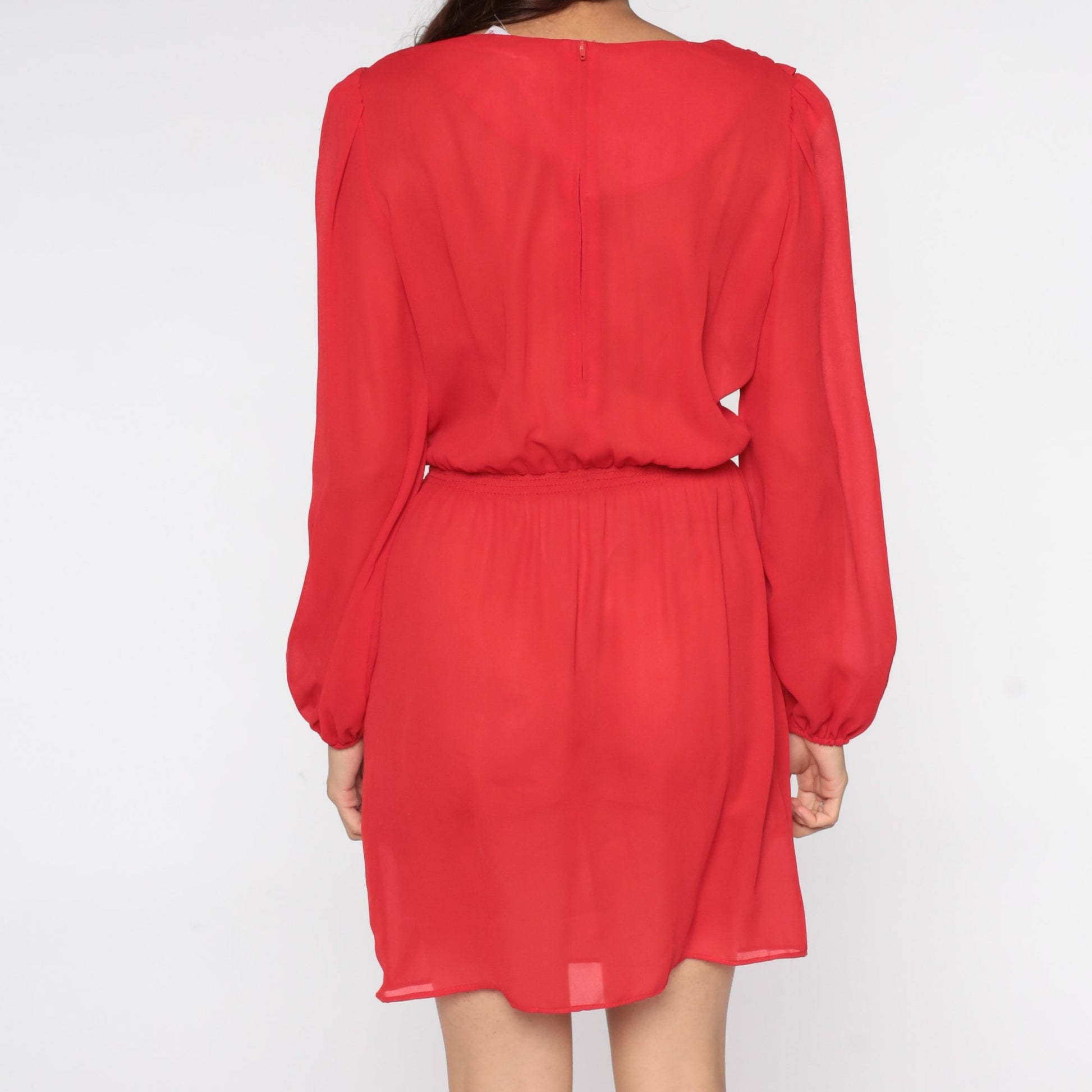 80s Red Cowl Neck Midi Dress Puff Sleeve High Waisted Sheer Small S