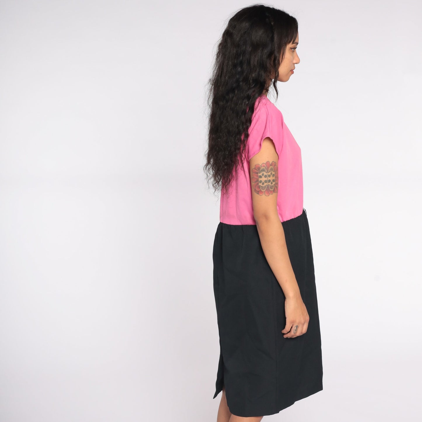 80s Black Pink Color Block Midi Sheath Dress Cap Sleeve Medium