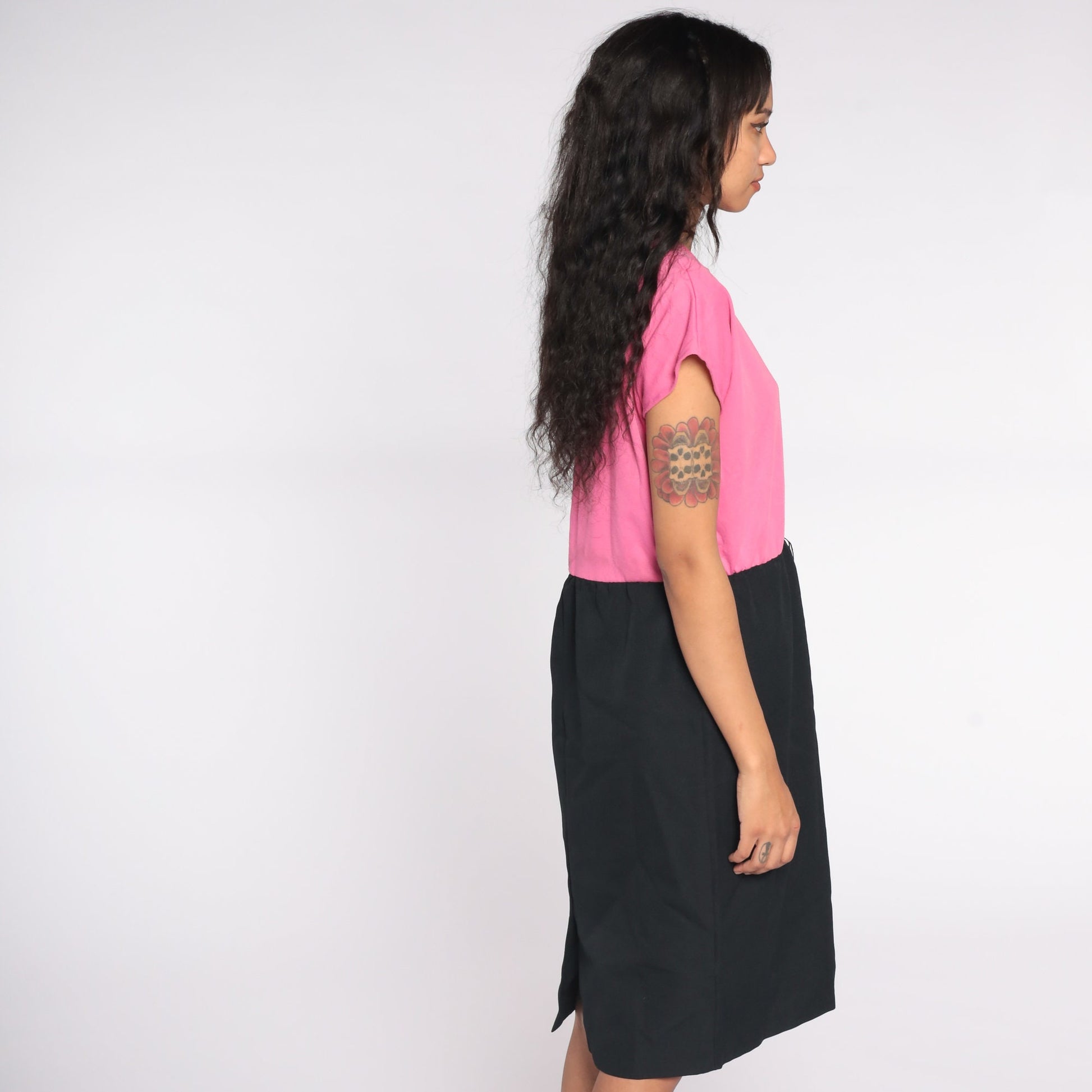 80s Black Pink Color Block Midi Sheath Dress Cap Sleeve Medium
