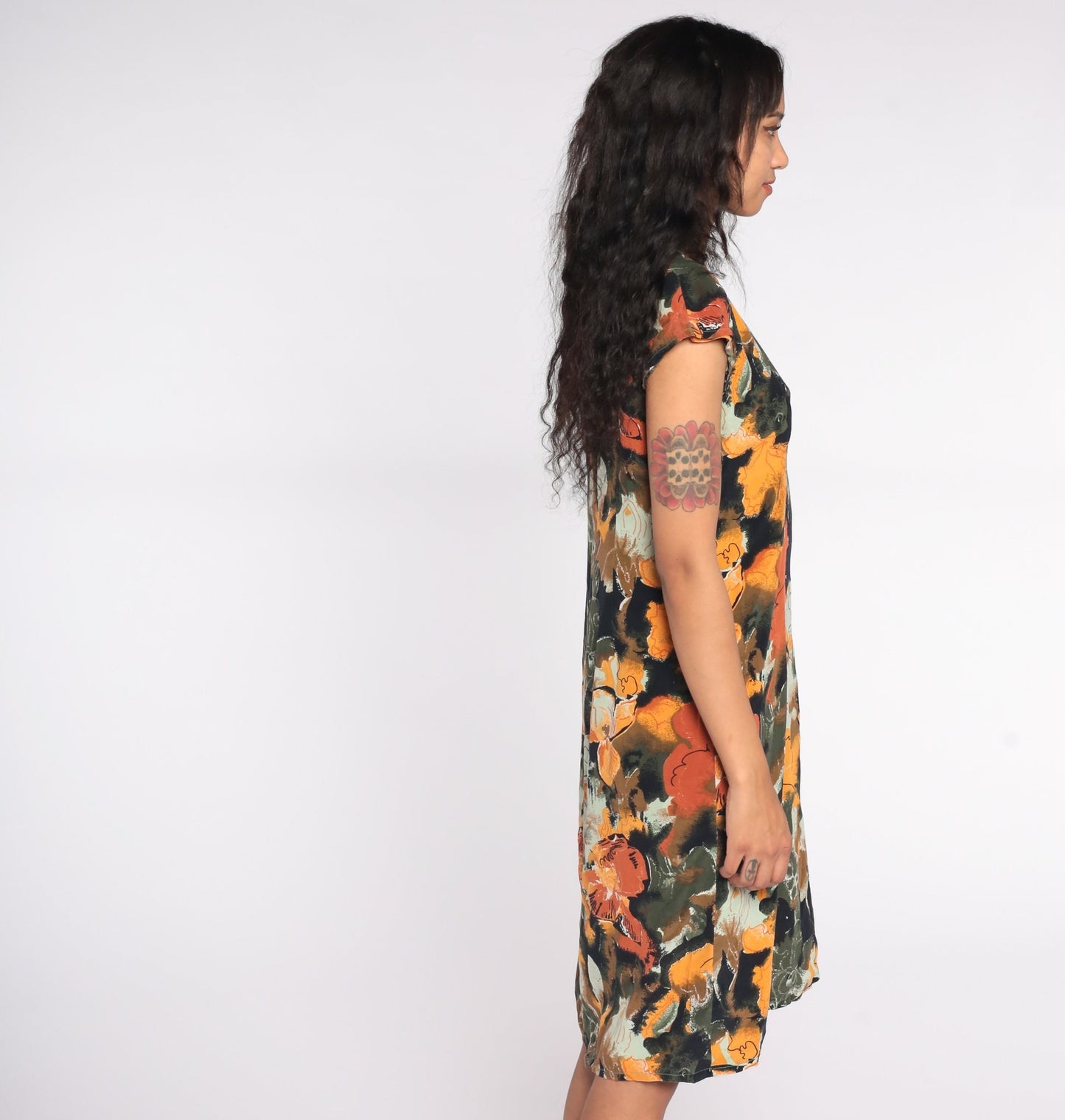 90s Floral Midi Dress Rayon Short Sleeve Sheath Green Yellow Medium Large