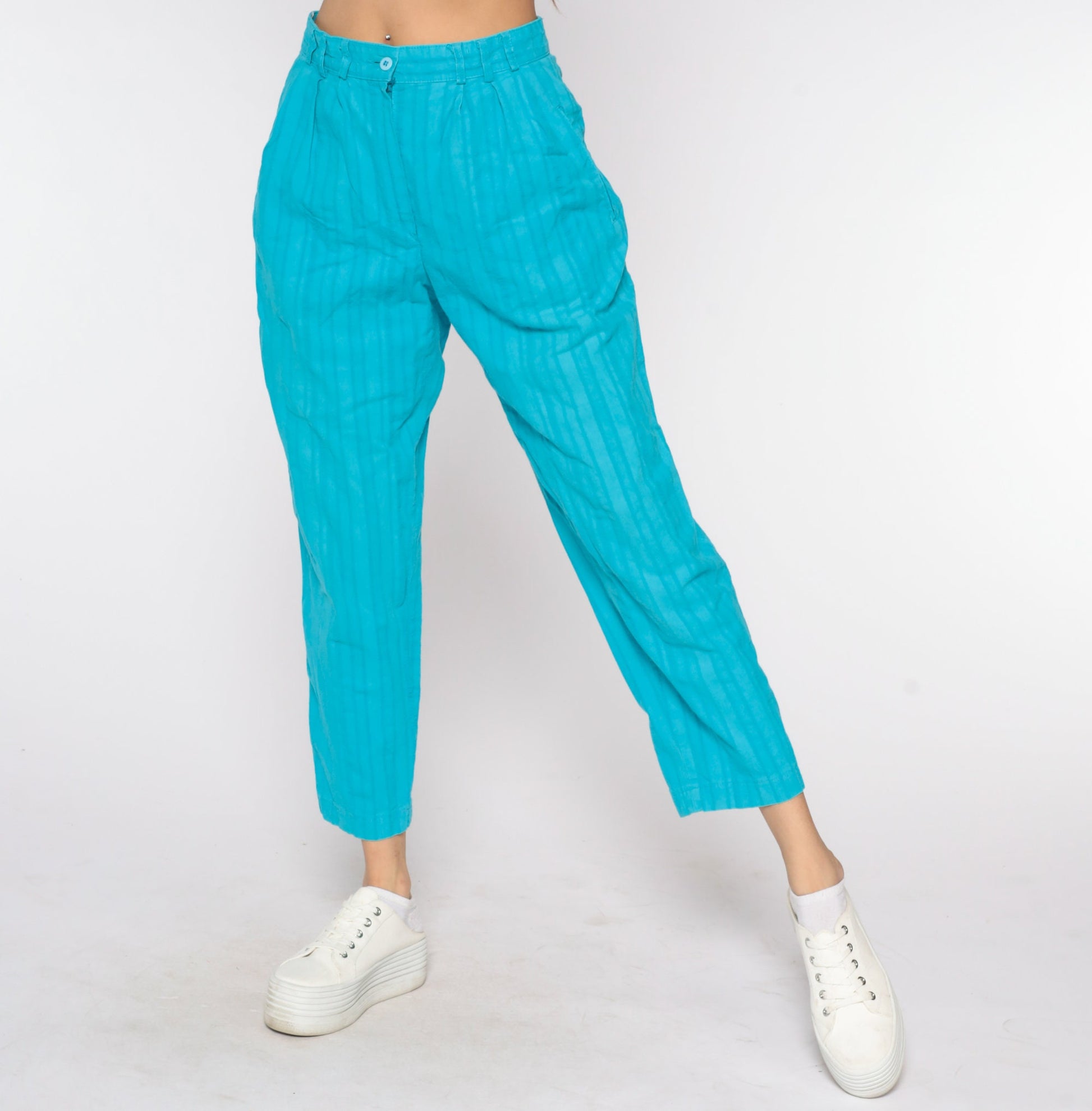 90s Turquoise High-Waisted Pleated Tapered Trousers Medium 29