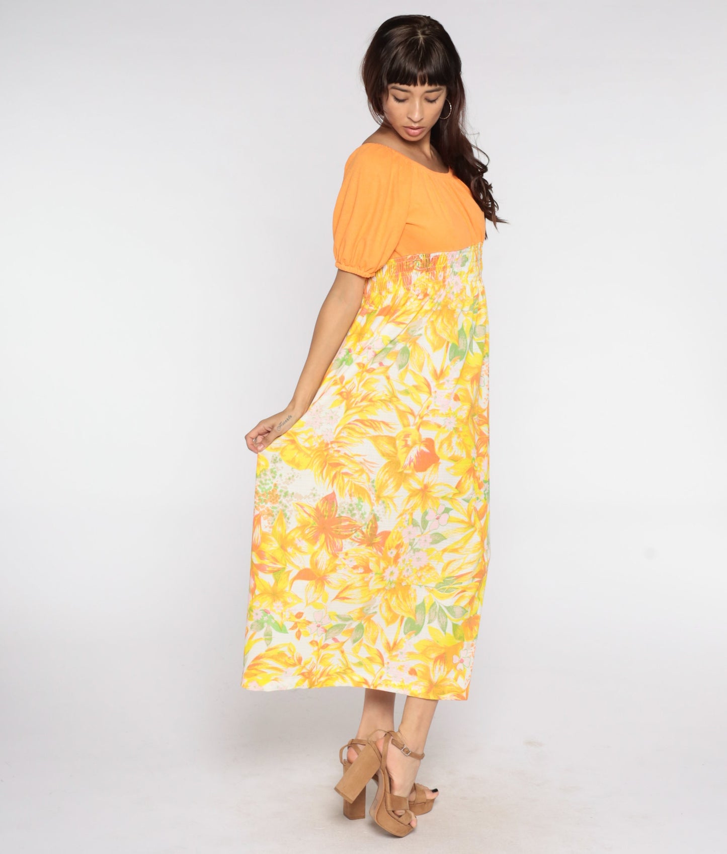70s Floral Maxi Dress Orange Smocked Empire Waist Peasant Medium