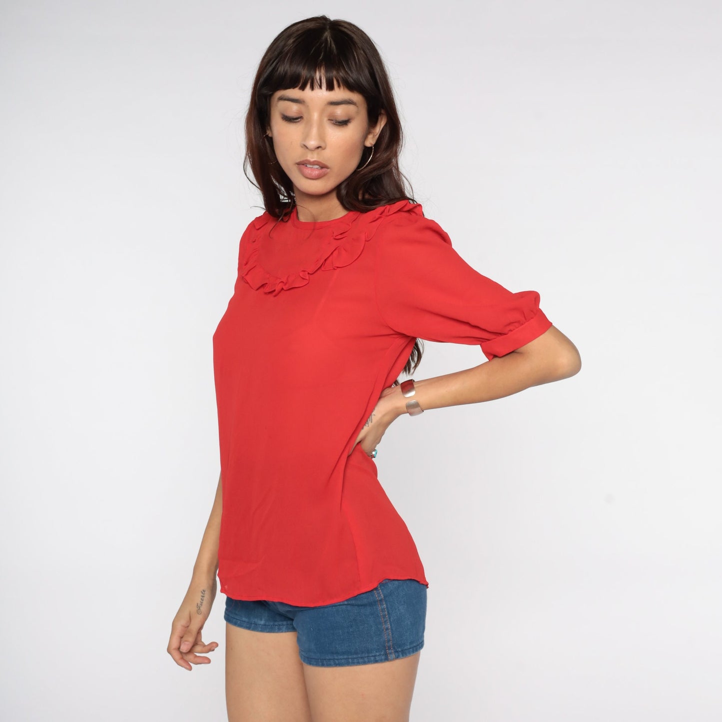 80s Red Sheer Blouse Ruffled Neckline Puff Sleeve Button Back Medium