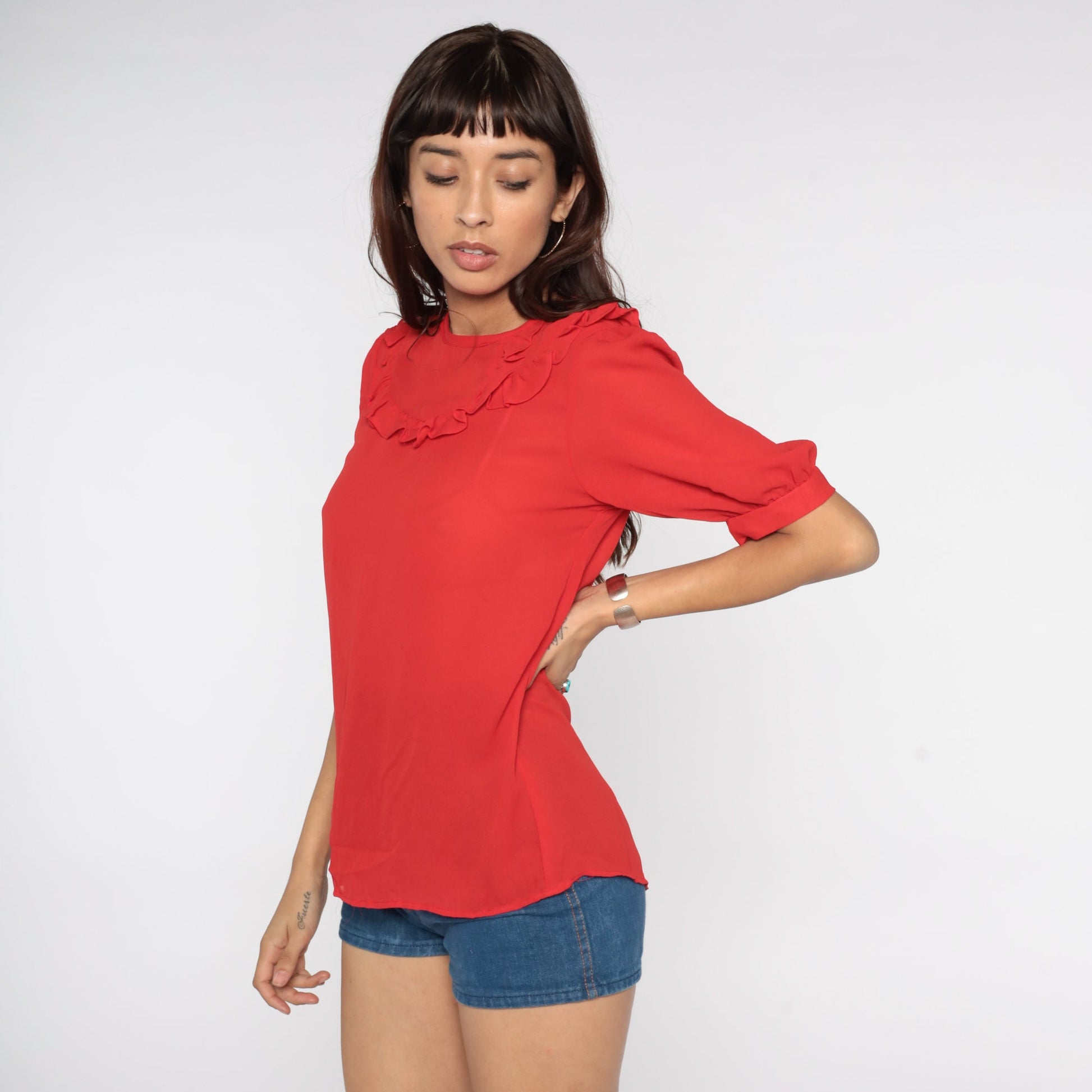 80s Red Sheer Blouse Ruffled Neckline Puff Sleeve Button Back Medium