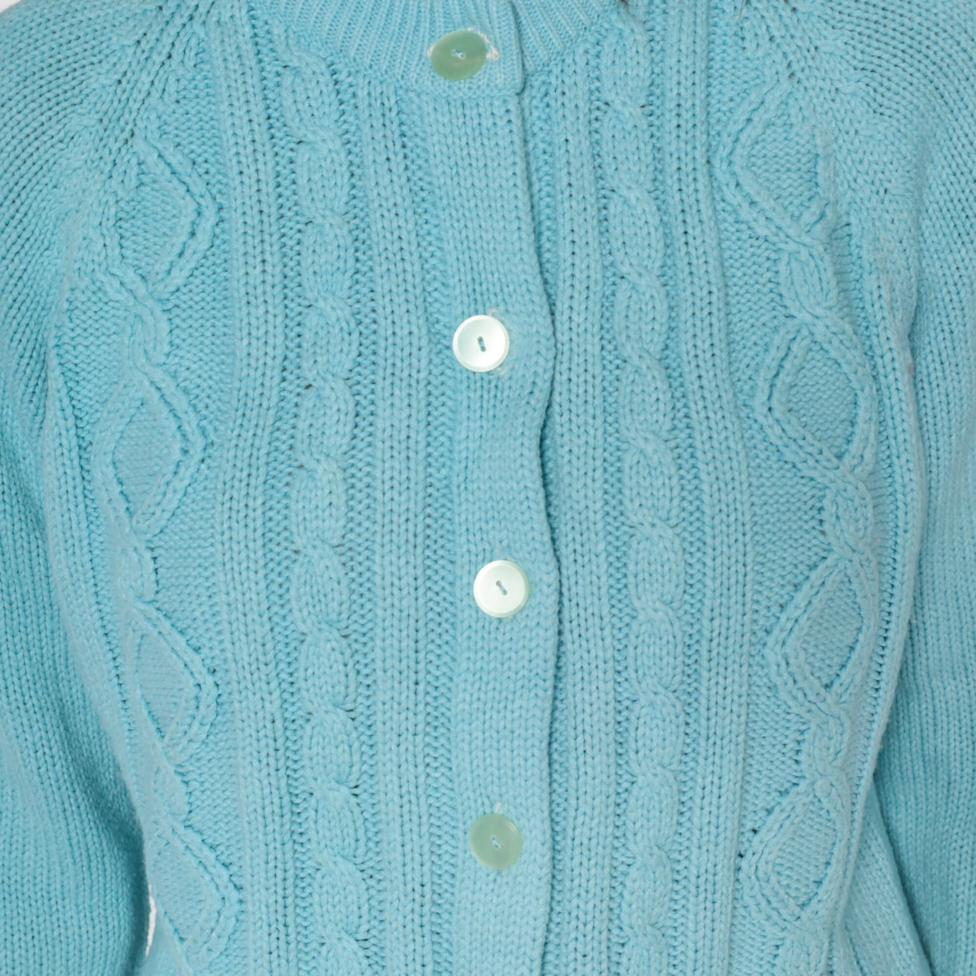 70s Cable Knit Cardigan Baby Blue Button-Up Raglan Sweater Large