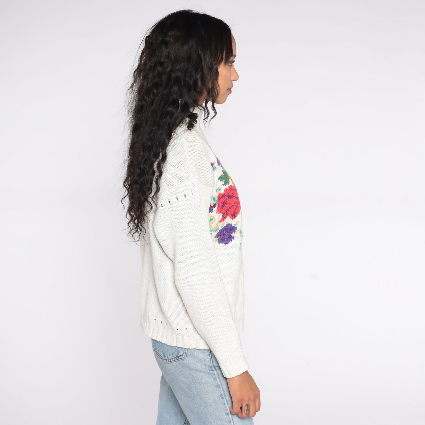 90s White Floral Mock Neck Sweater Cotton Ramie Knit Pullover Medium