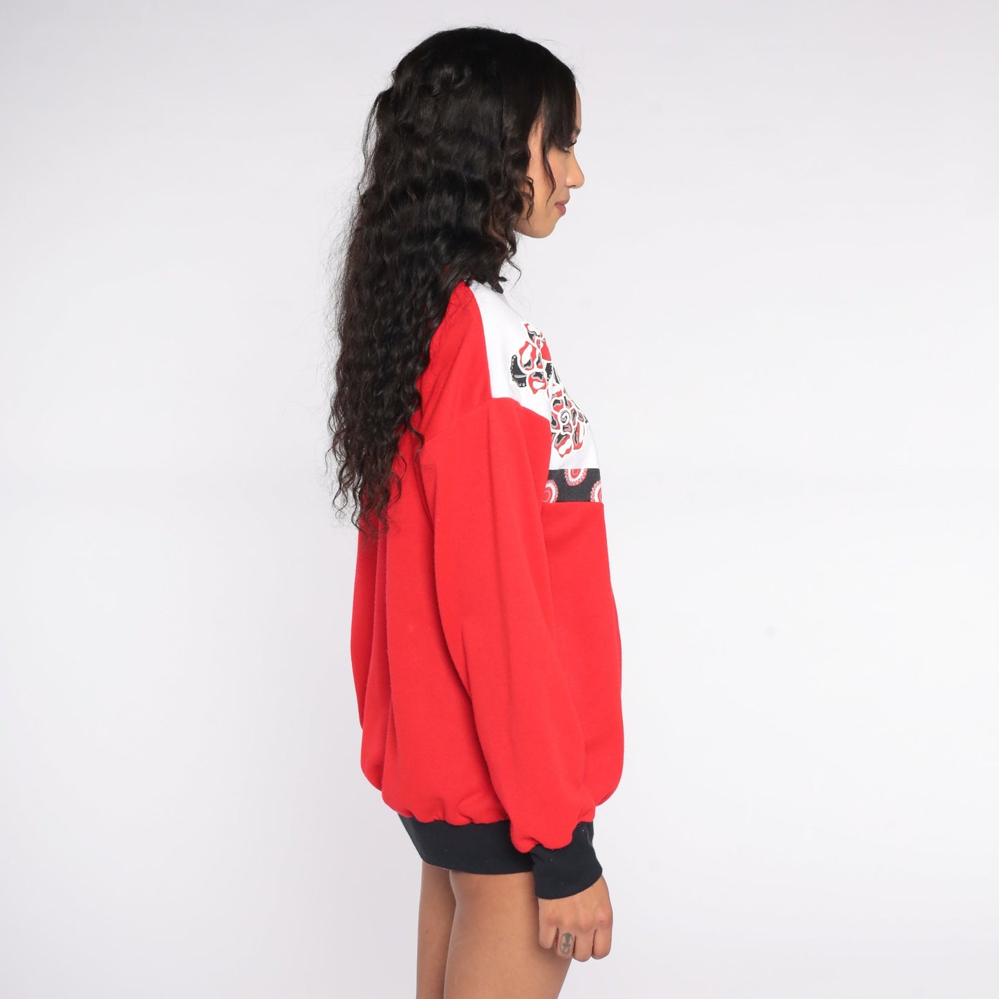 80s Floral Color Block Sweatshirt Red White Black Graphic Crewneck Large