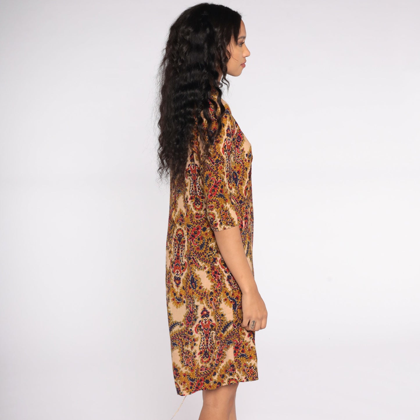 70s Paisley Floral Shift Dress Tan V-Neck Medium M