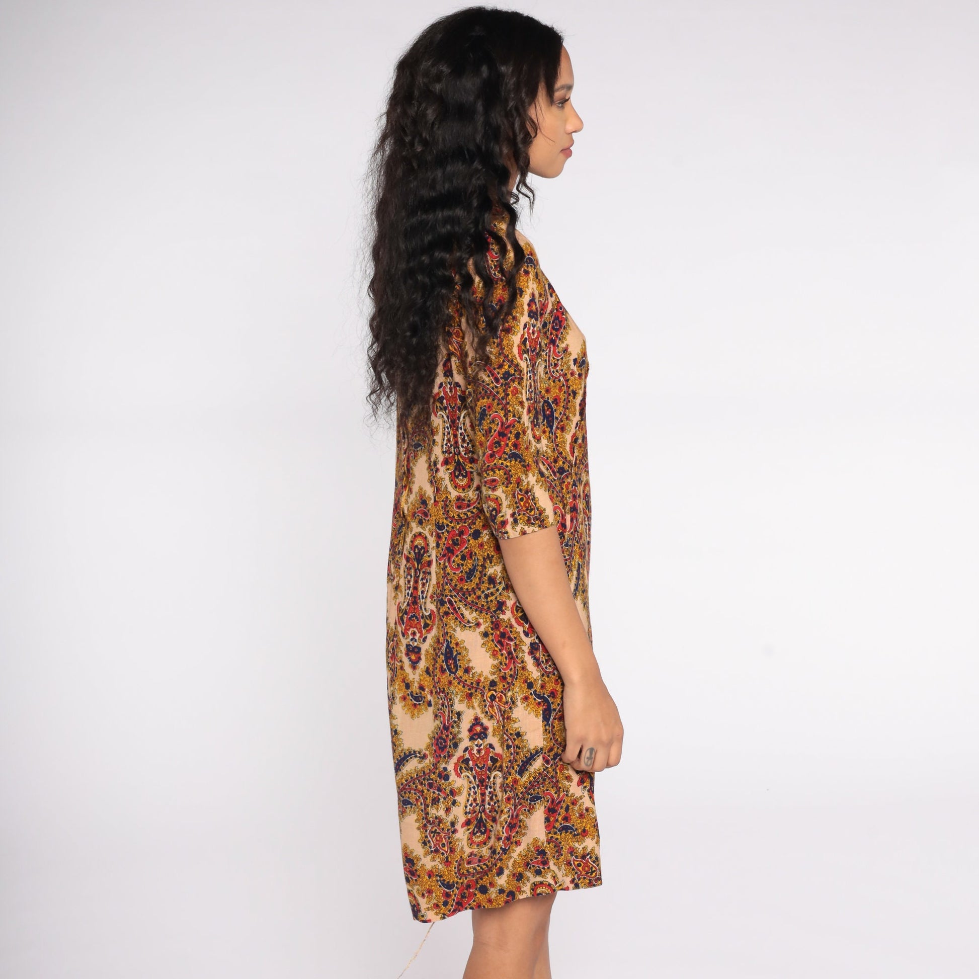 70s Paisley Floral Shift Dress Tan V-Neck Medium M