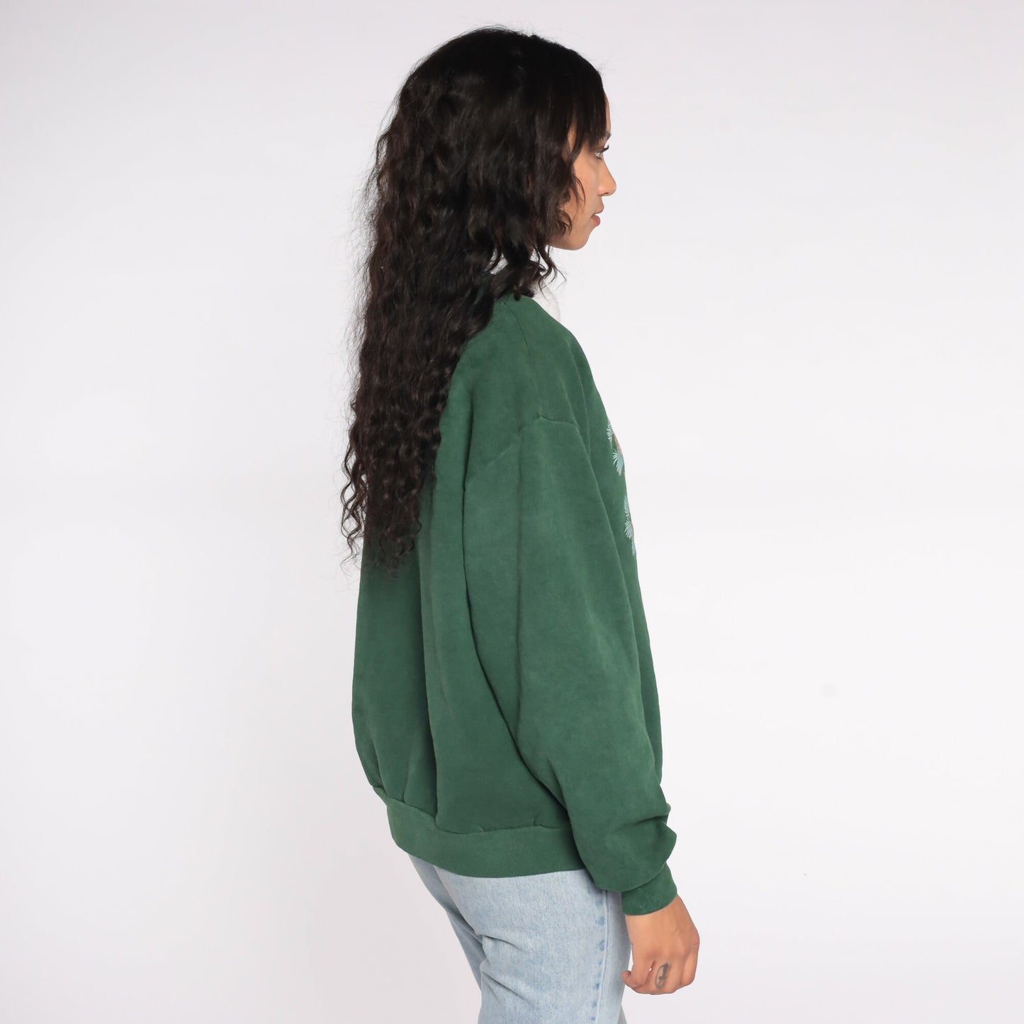 90s Bird Graphic Sweatshirt Green Collared Crewneck Large