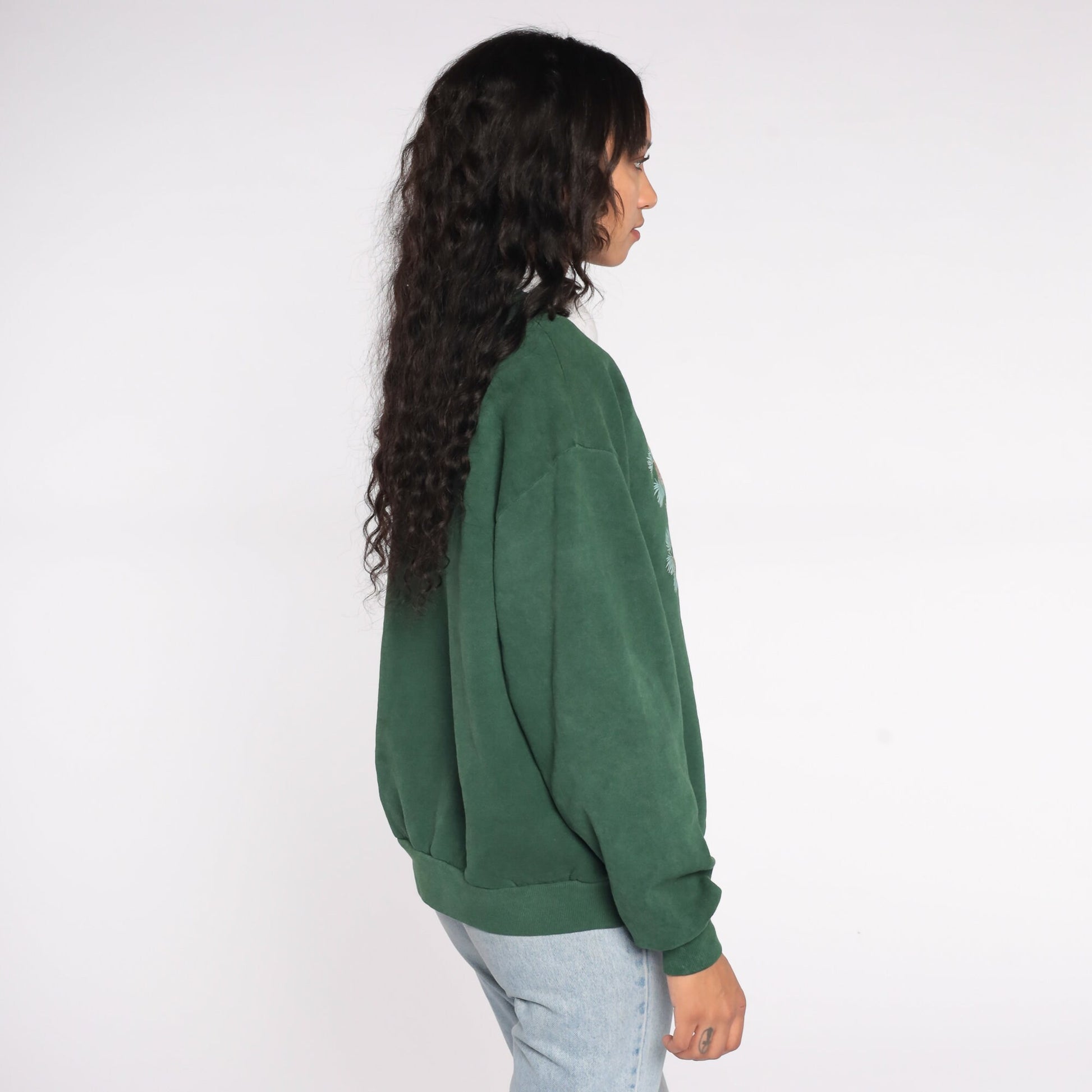 90s Bird Graphic Sweatshirt Green Collared Crewneck Large