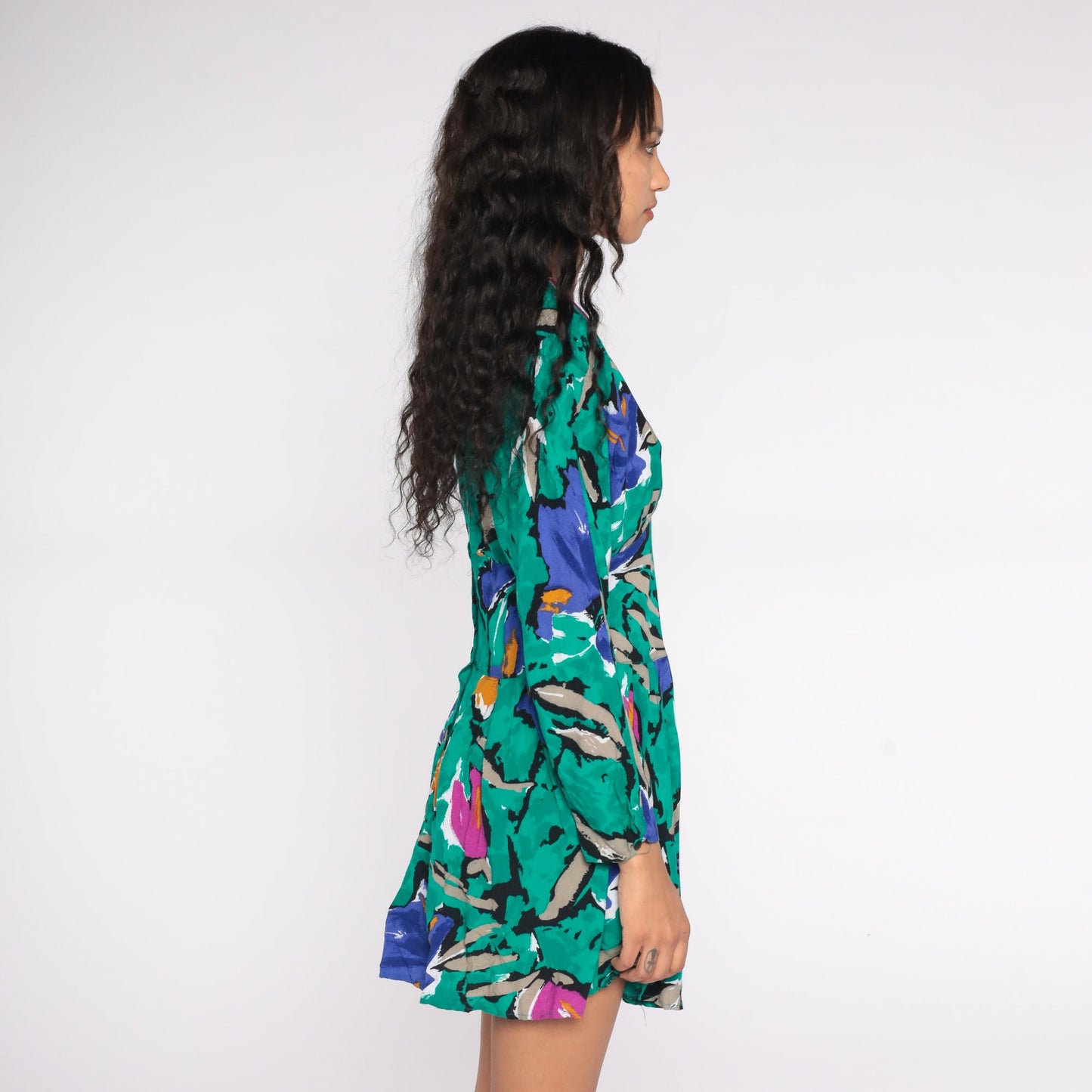 80s Floral Wrap Dress Mini V-Neck High Waisted Long Sleeve Green Pink Purple Medium