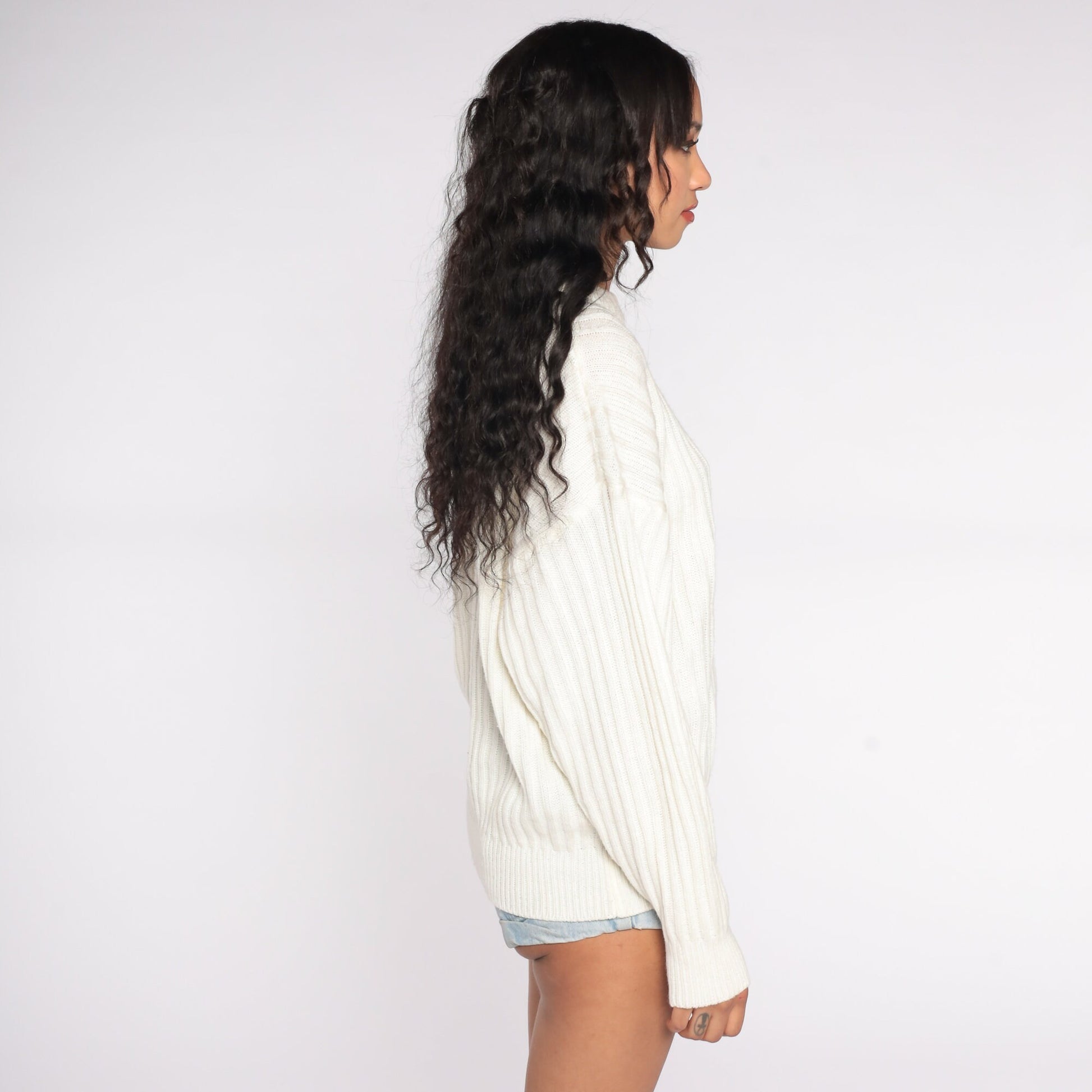 80s Ribbed Cream Knit Crewneck Sweater Men's Large L
