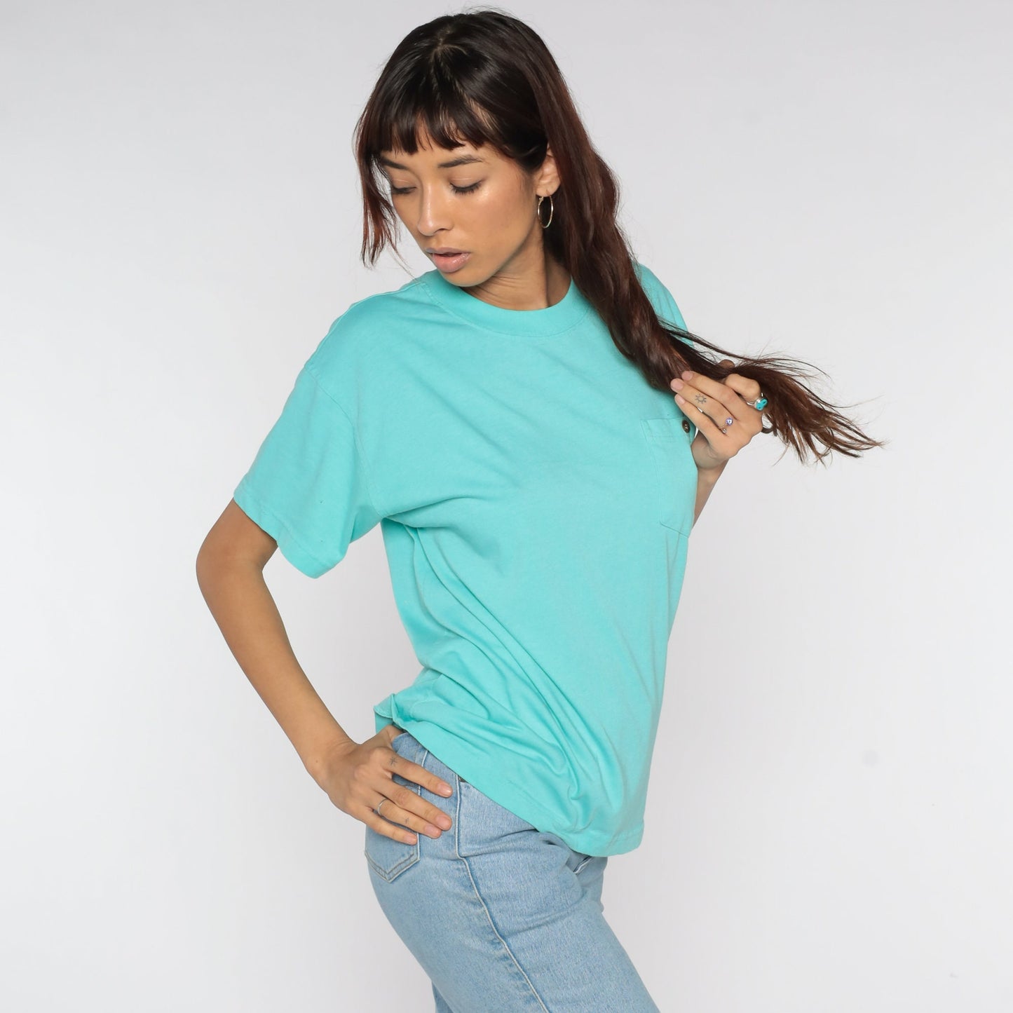 80s Turquoise Blue Pocket T-Shirt Cotton Blend Plain Tee Small S