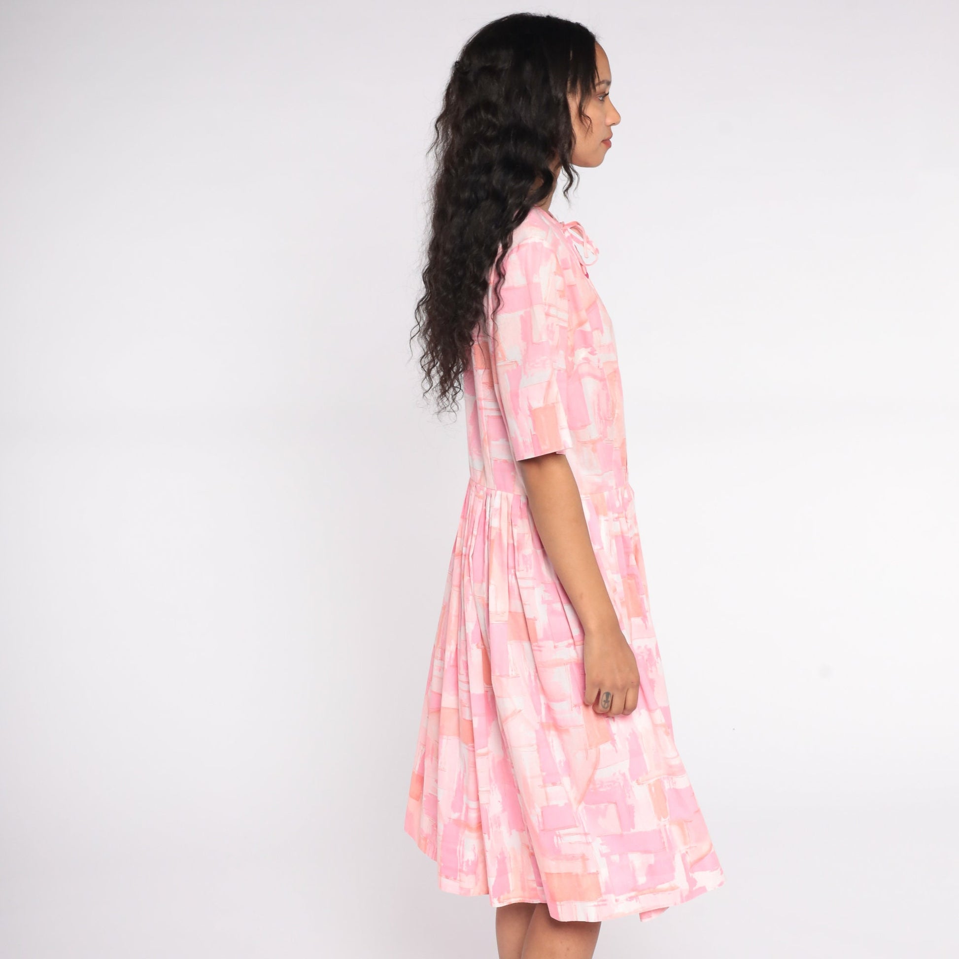 60s Pink Watercolor Geometric Midi Shirtdress Button-Up Pleated Large L