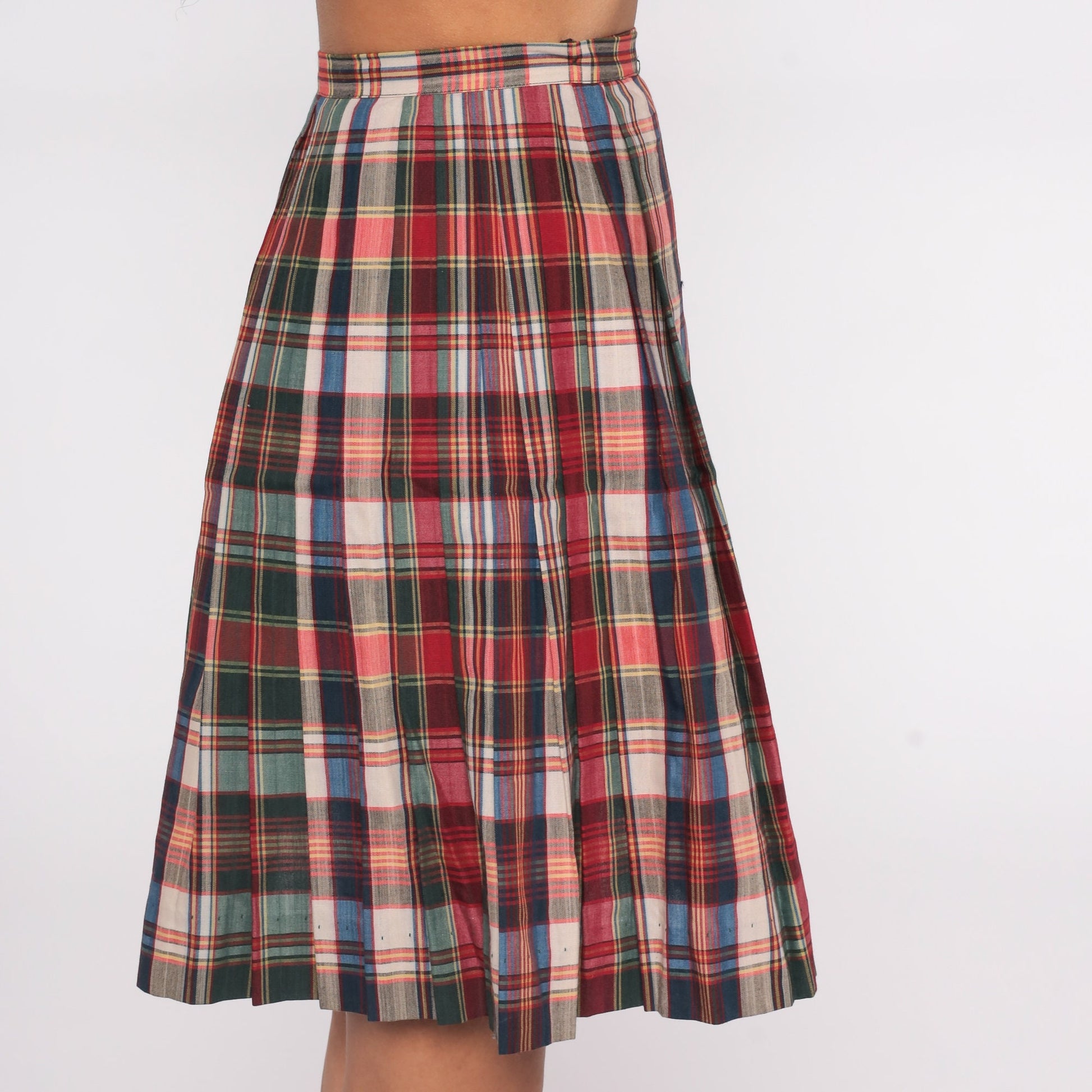 70s Plaid Pleated Mini Skirt High Waist Multicolor Tartan Extra Small