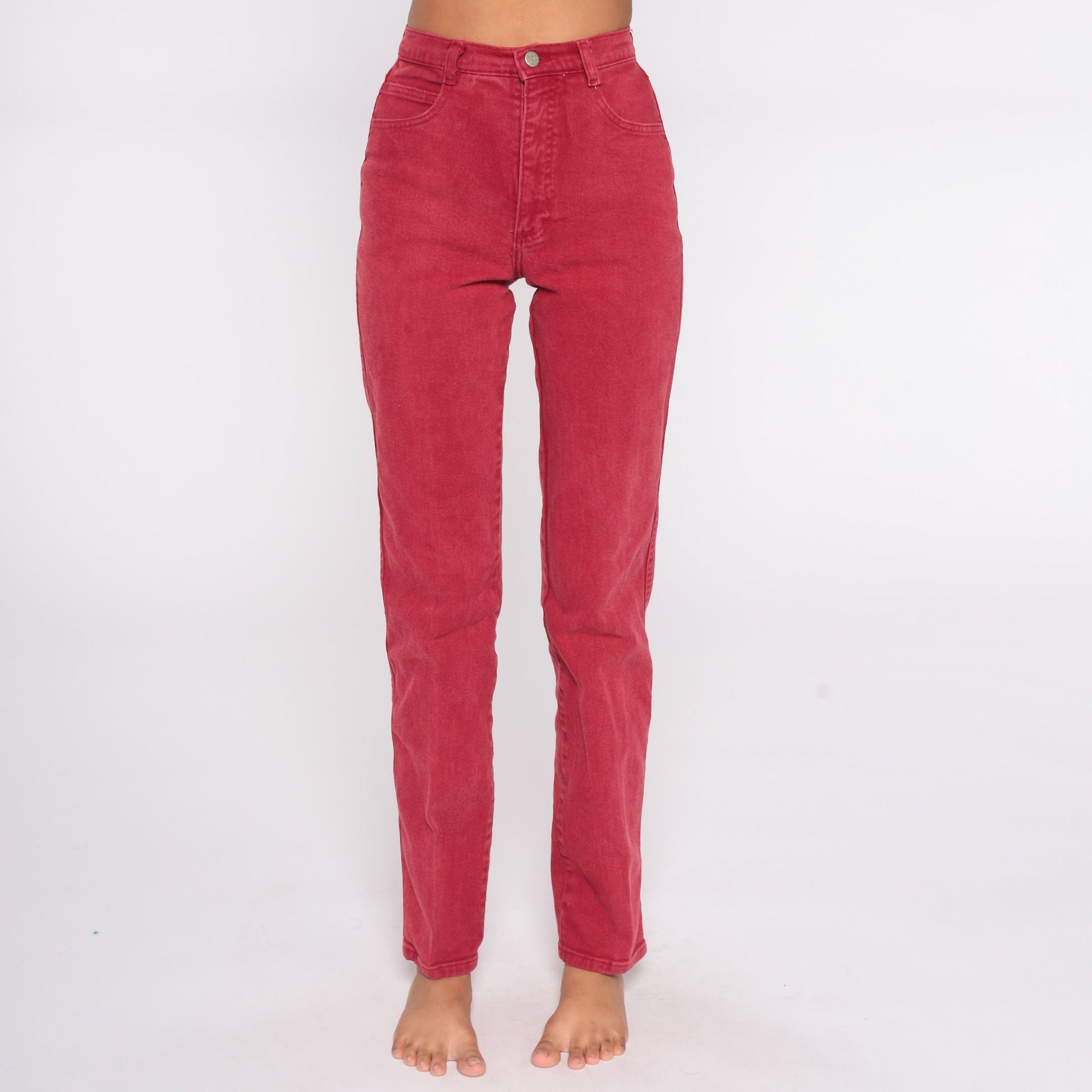 80s Red High Waisted Tapered Mom Jeans Cotton Denim Extra Small XS