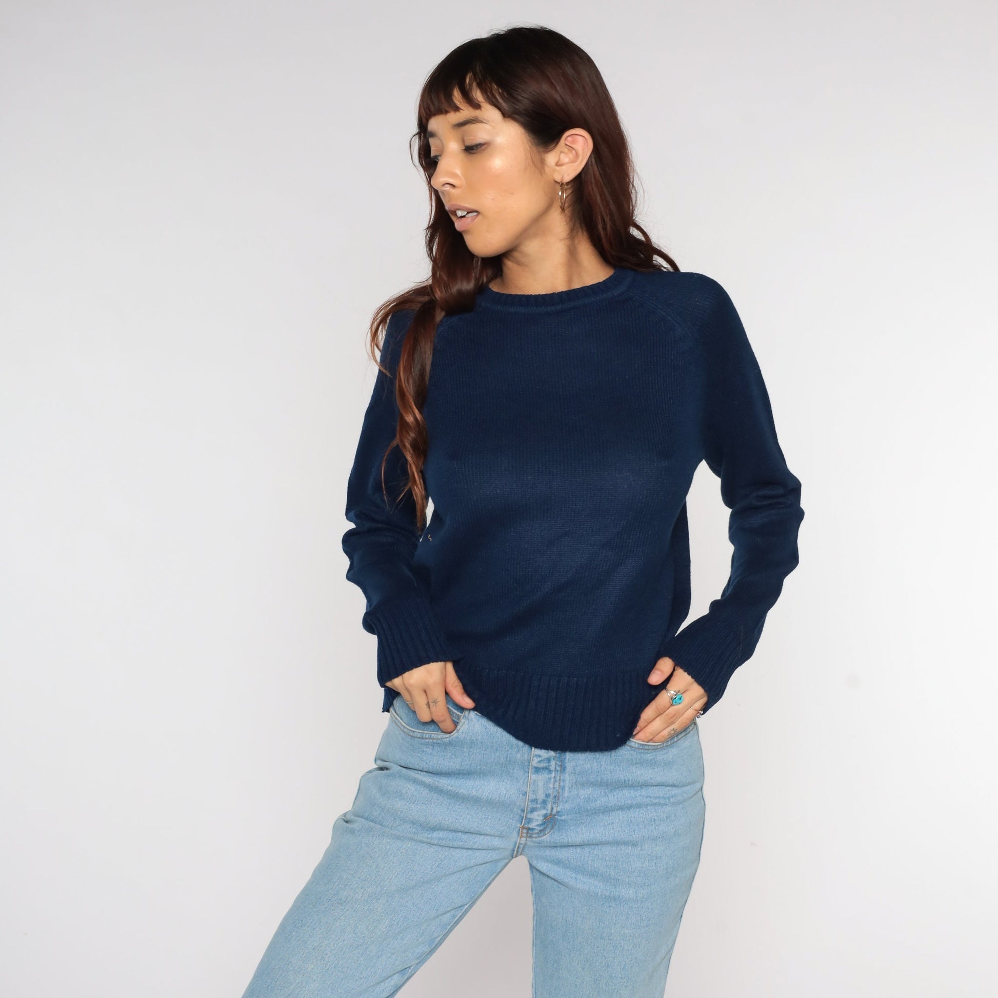 80s Navy Knit Raglan Sweater Slouchy Pullover Unisex Medium