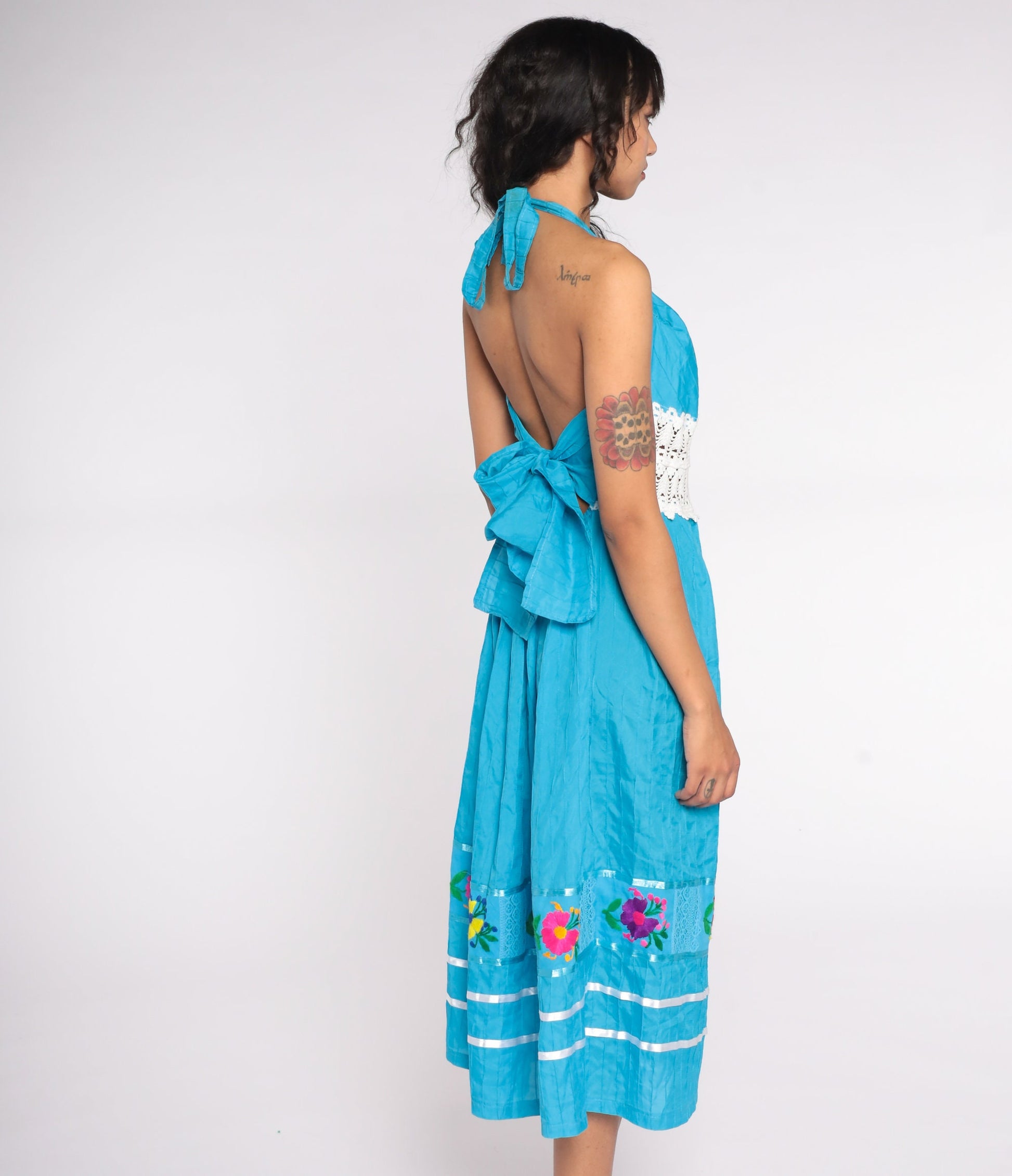 Vintage Embroidered Mexican Halter Midi Dress Blue Crochet Waist Large