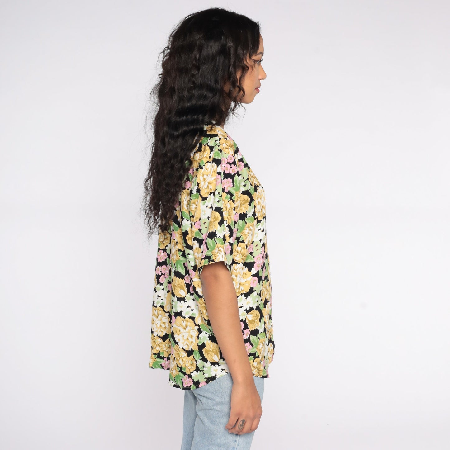 90s Black Floral Button-Up Shirt Short Sleeve Blouse Extra Large XXL