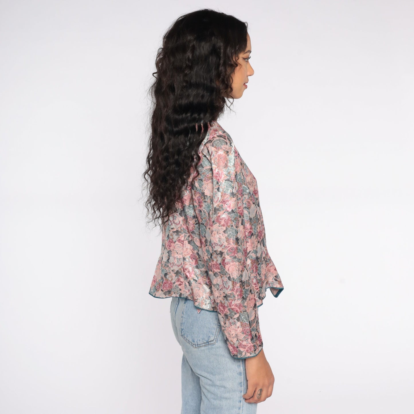 80s Tapestry Floral Button-Up Blouse Pink Puff Sleeve Shirt Large
