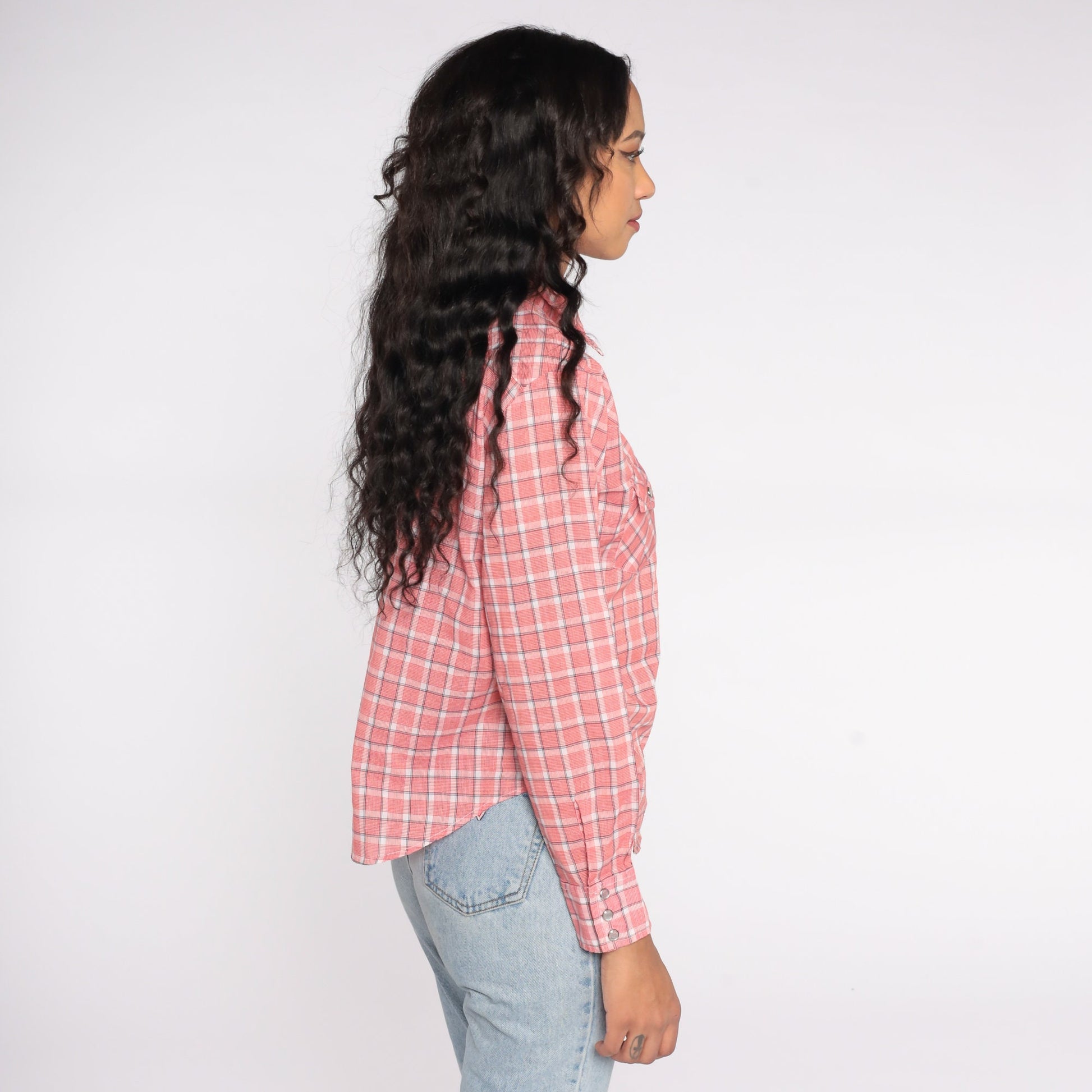 80s Western Shirt Red Plaid Pearl Snap Button Up Medium
