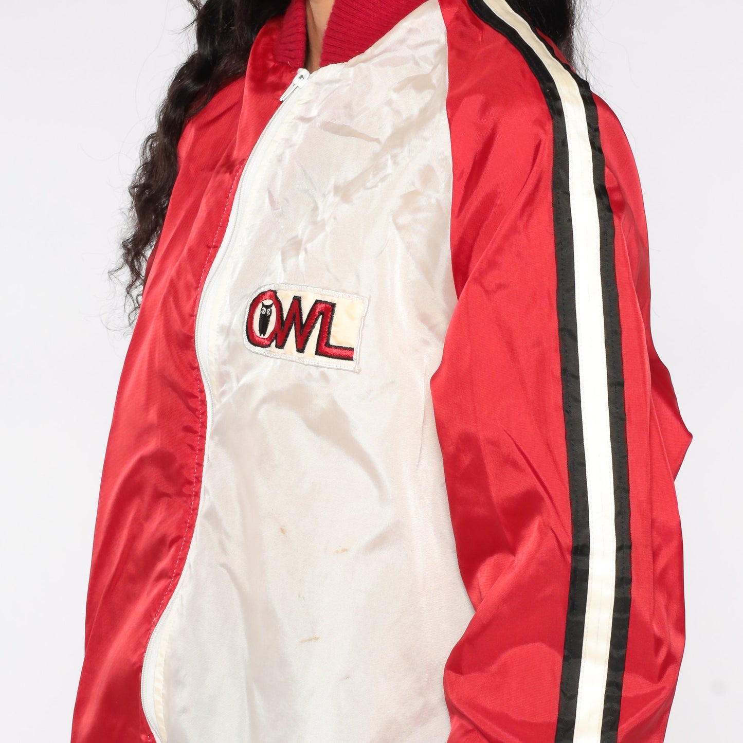 70s Red White Colour Block Windbreaker Jacket Owl Patch Zip Nylon Extra Large