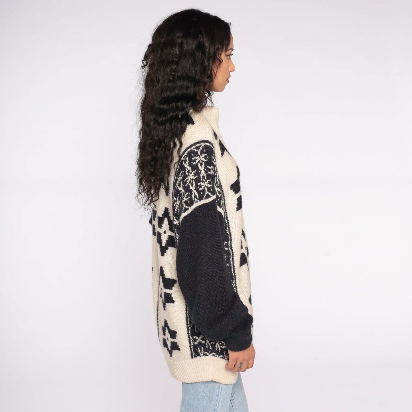 80s Fair Isle Cardigan Off-White Snowflake Knit Button-Up Large L