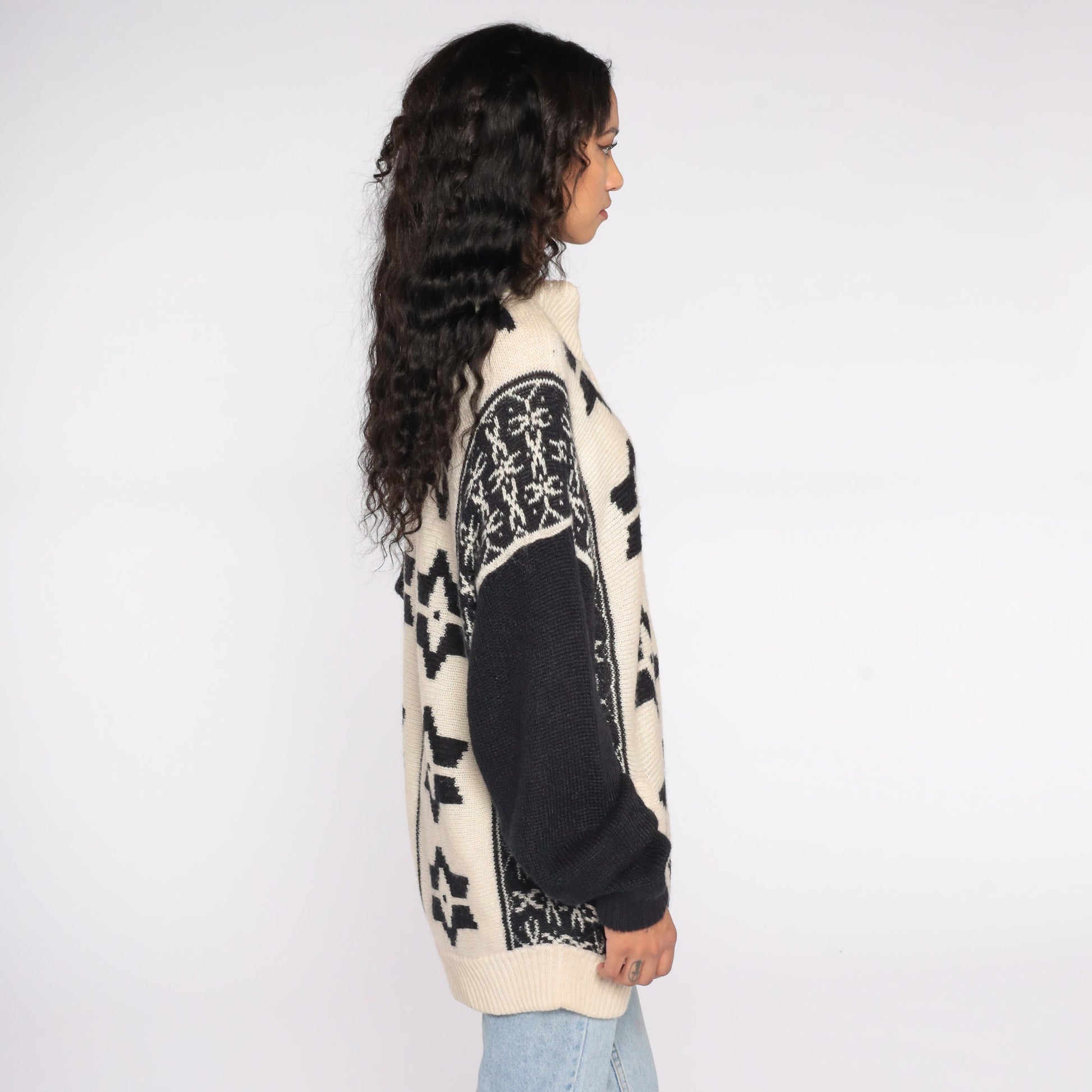80s Fair Isle Cardigan Off-White Snowflake Knit Button-Up Large L