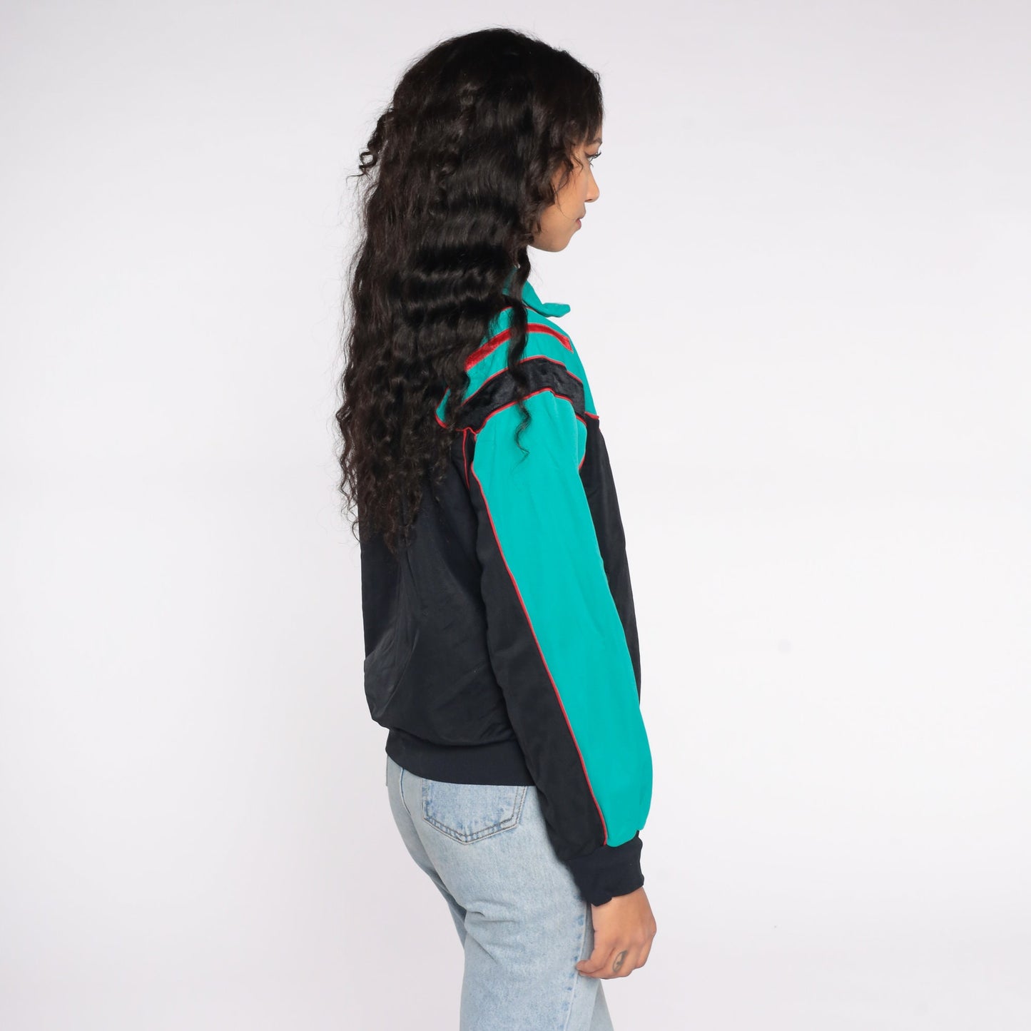 80s Track Jacket Zip-Up Sweatshirt Black Teal Colour Block Medium
