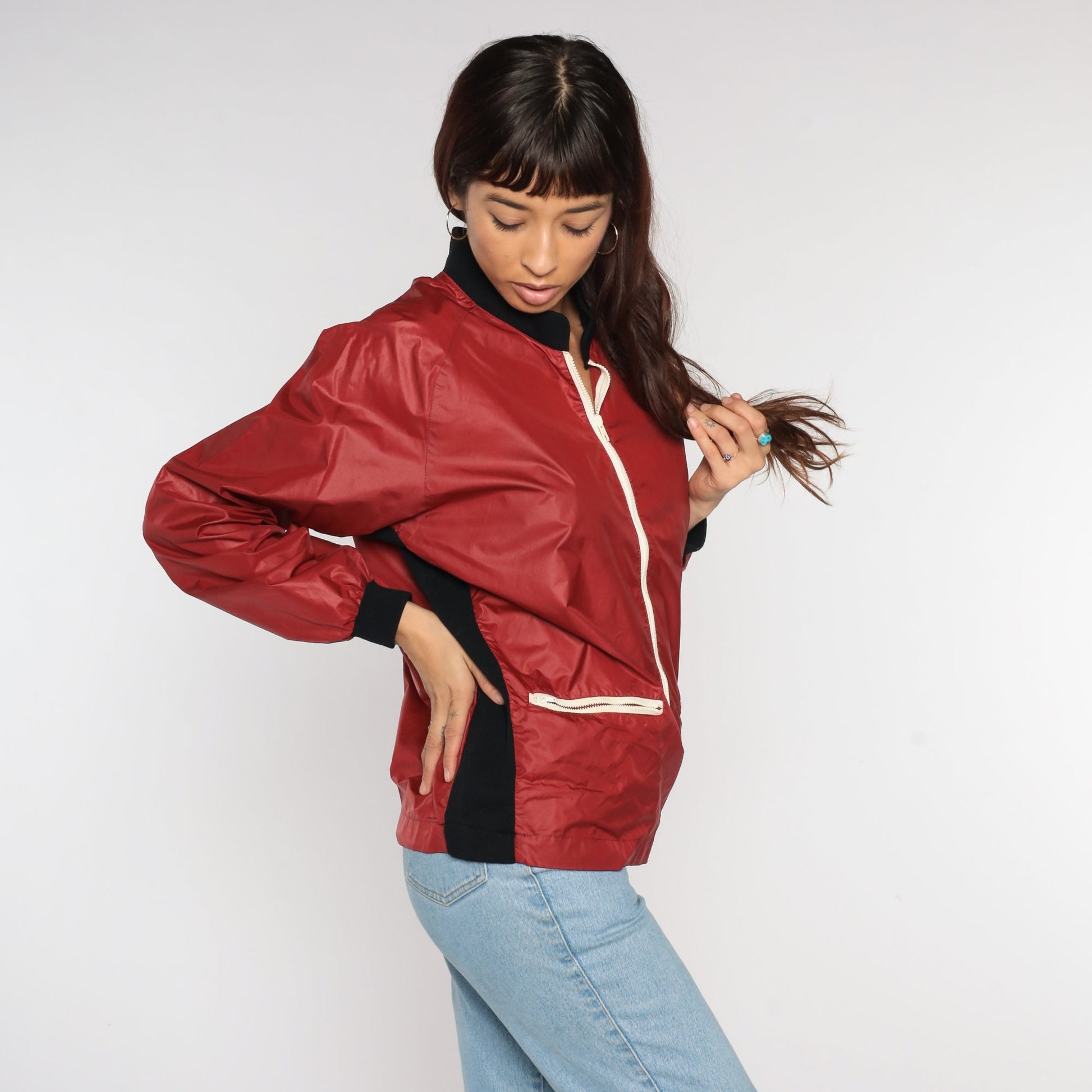 80s Red Nylon Windbreaker Jacket Raglan Sleeve Zip Bomber Large L