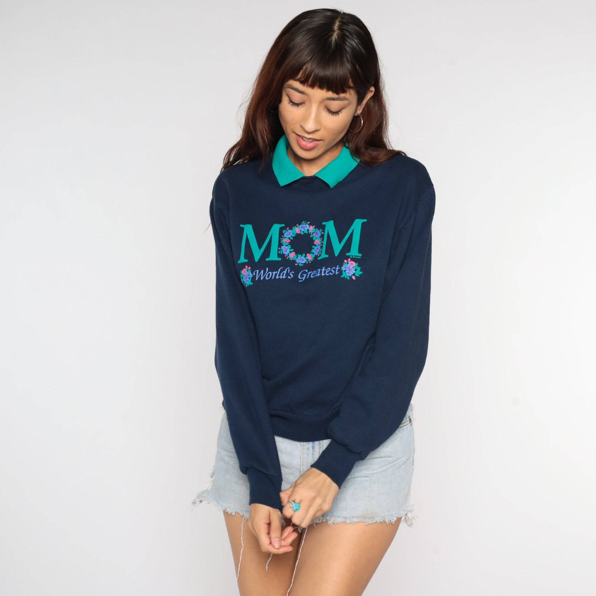 90s World's Greatest Mom Sweatshirt Navy Floral Graphic Crewneck Extra Small