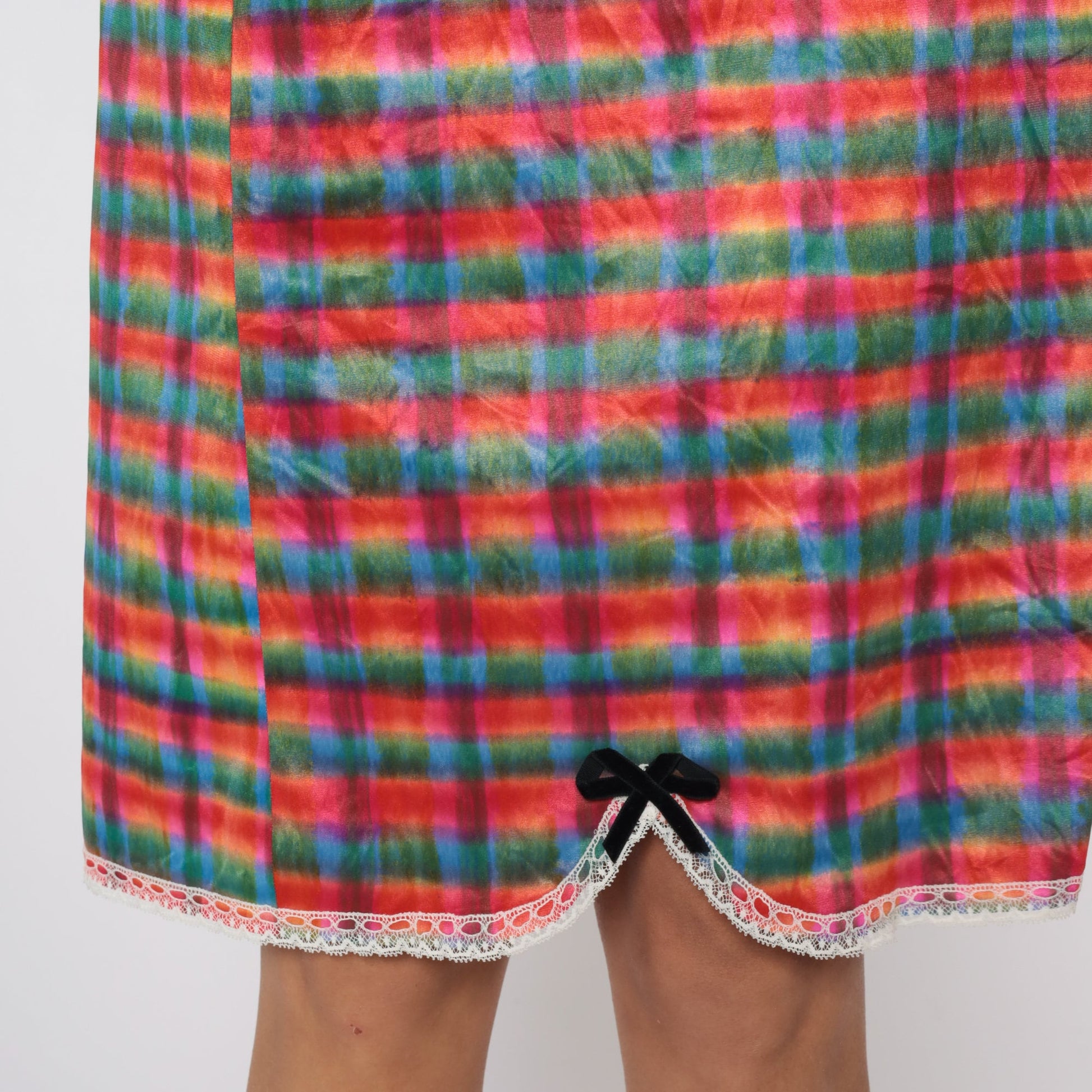 70s Checkered Nylon Half Slip Lingerie Skirt Lace Trim Green Pink Red Medium