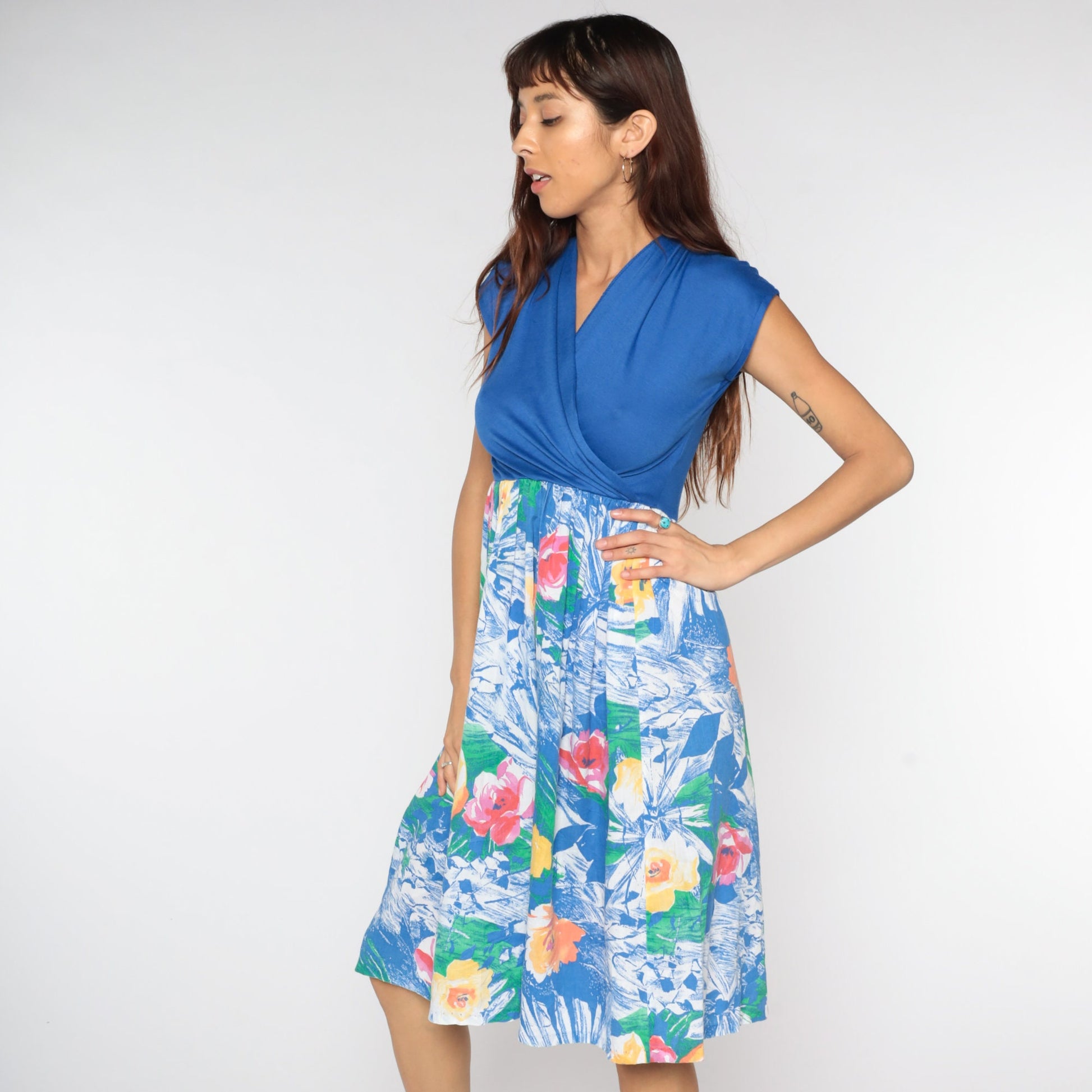 80s Floral Midi Wrap Dress Blue Cap Sleeve High Waist Small