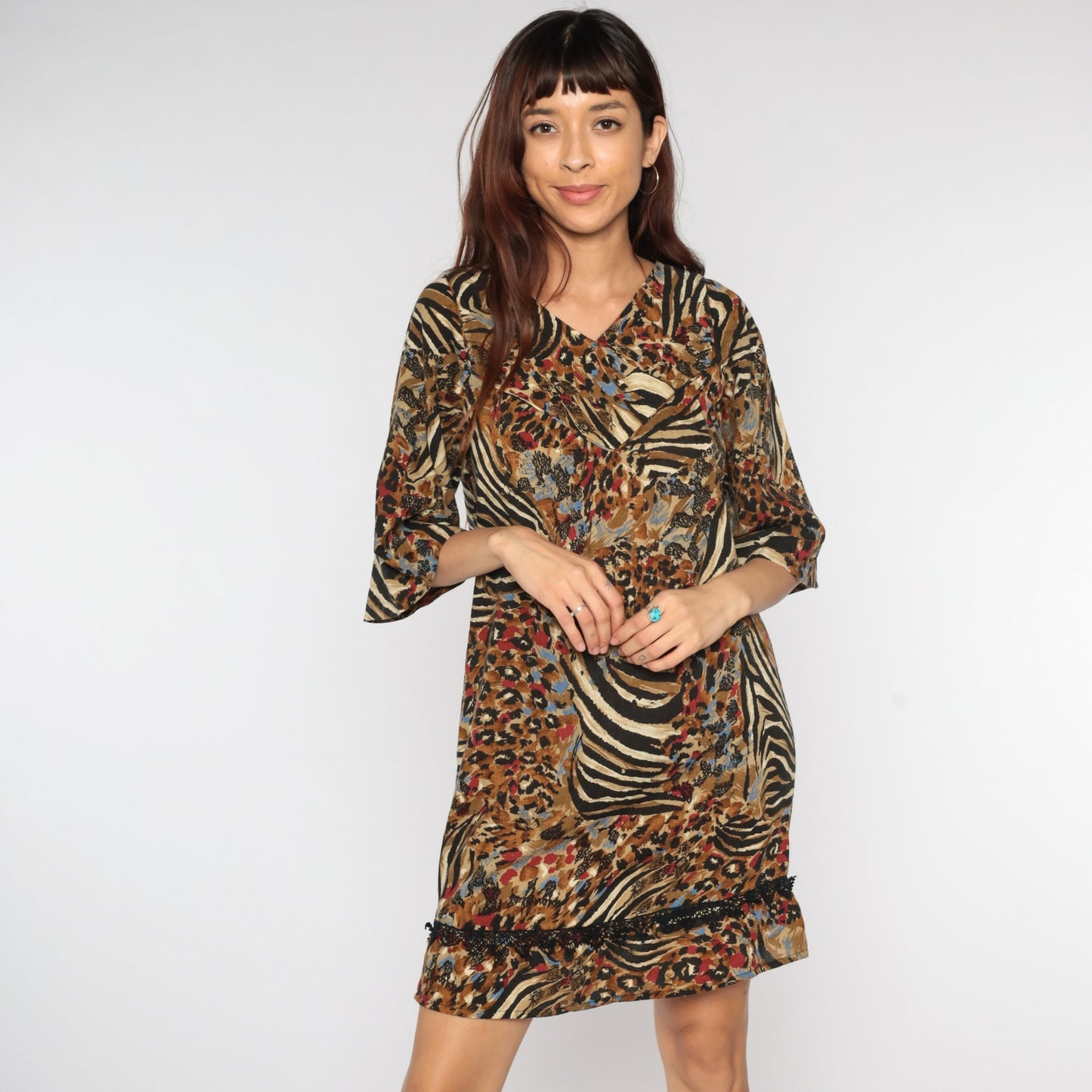 80s Animal Print Mini Shift Dress Brown 3/4 Sleeve Small