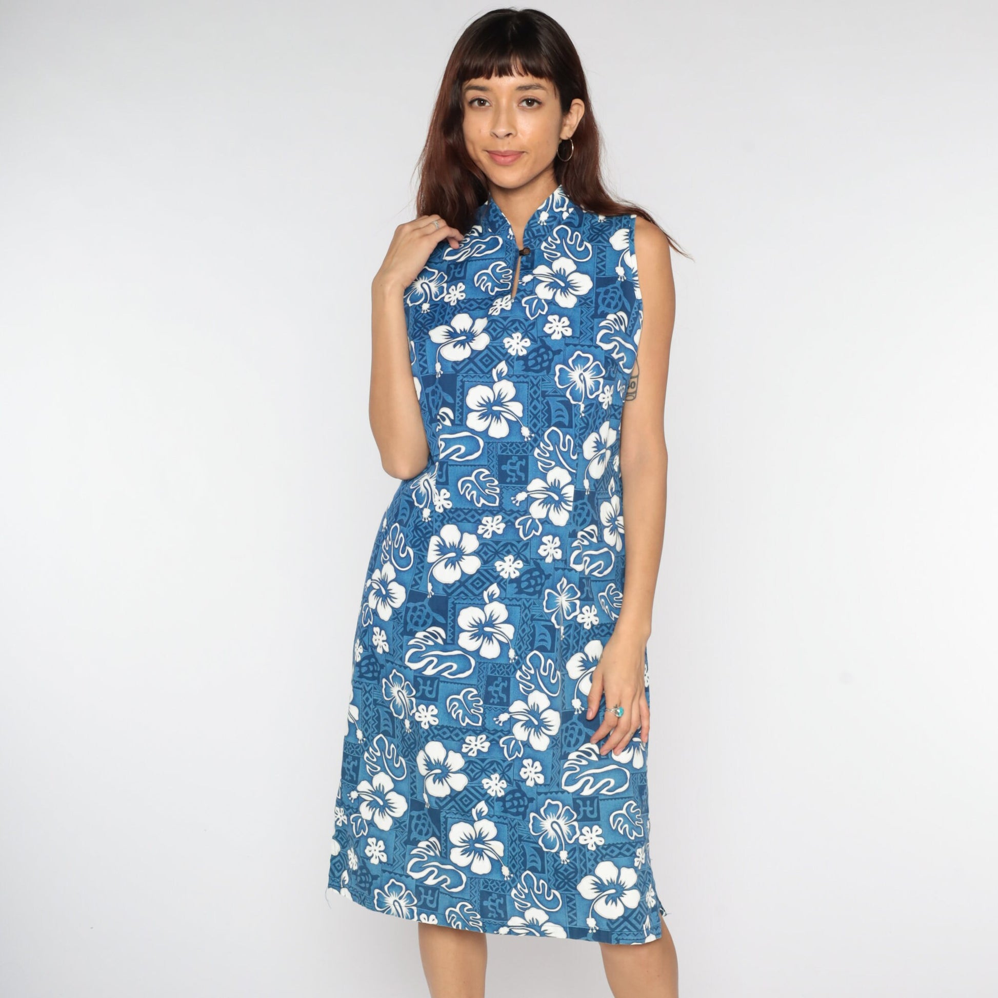 90s Hawaiian Floral Midi Dress Blue Tropical Shift Sleeveless Large