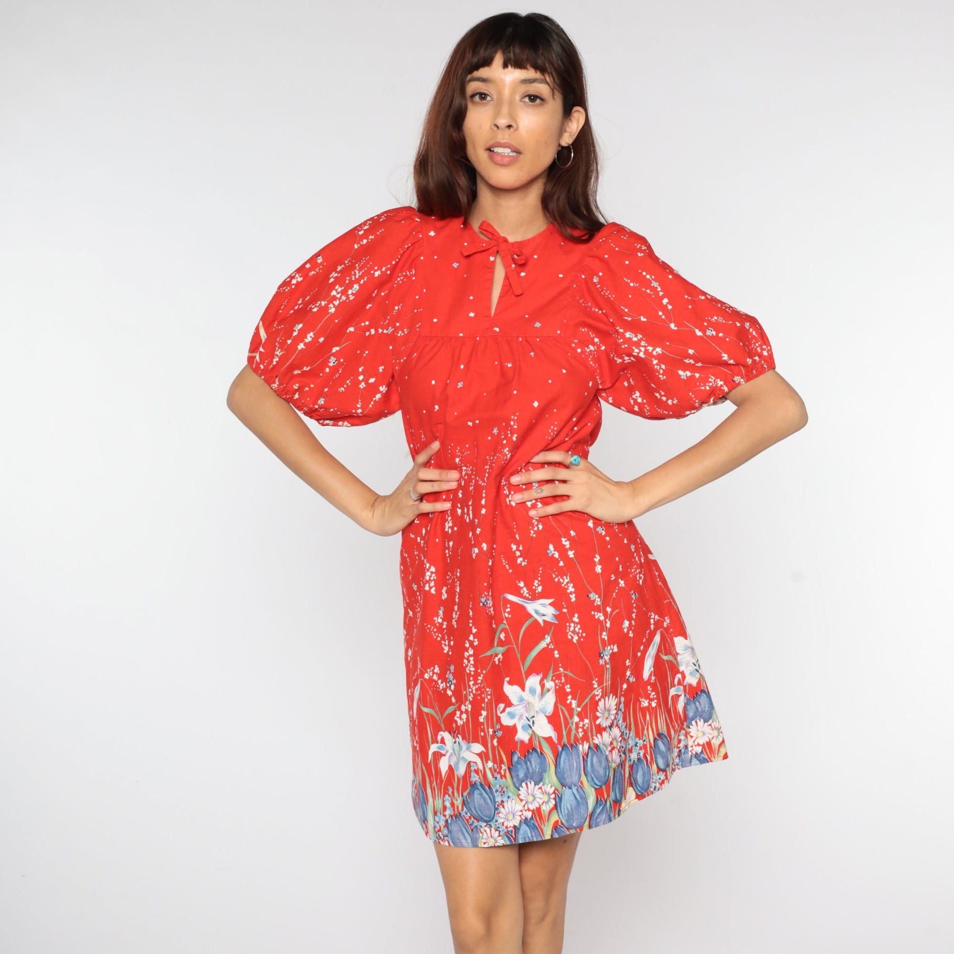 70s Floral Mini Dress Red Puff Sleeve Shift Keyhole Small