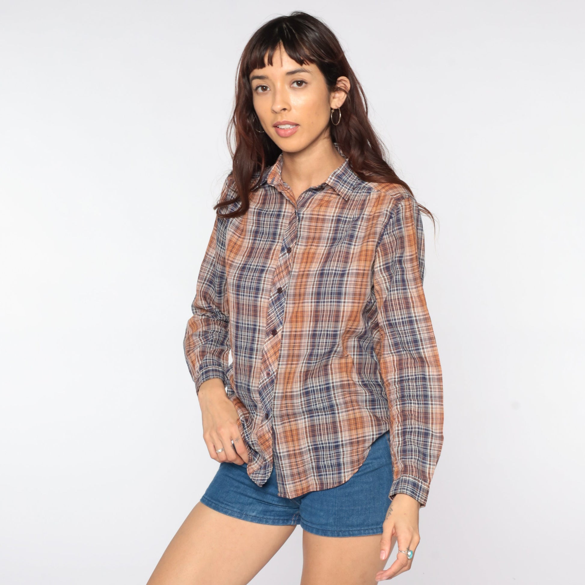 80s Plaid Button-Up Shirt Blue Brown Checkered Long Sleeve Small