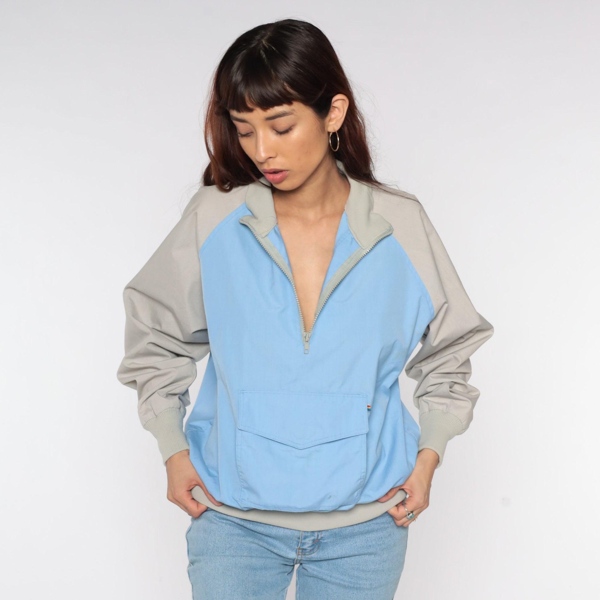 80s Baby Blue Taupe Raglan Windbreaker Half Zip Pullover Jacket Large