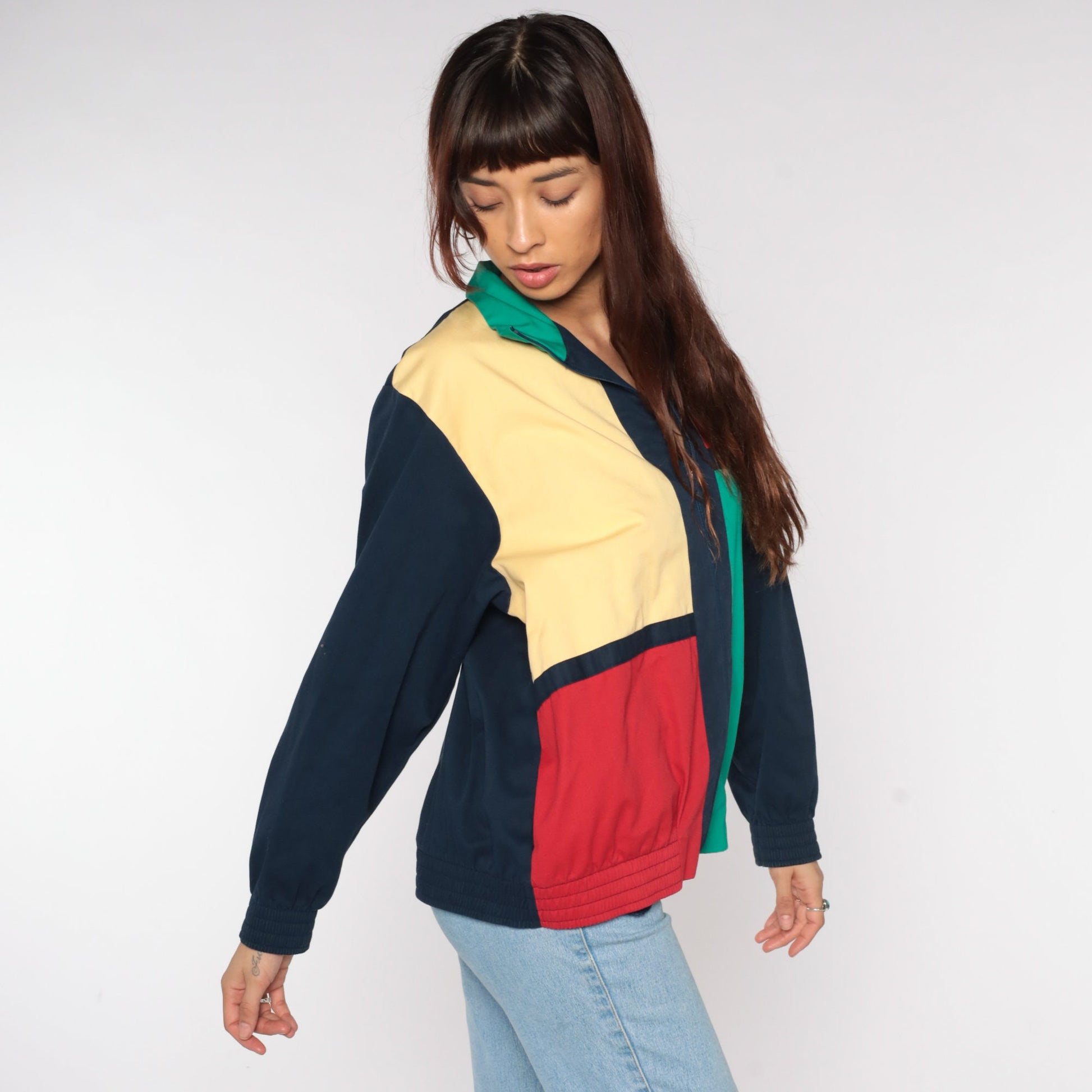 90s Color Block Windbreaker Jacket Navy Red Yellow Green Zip Medium