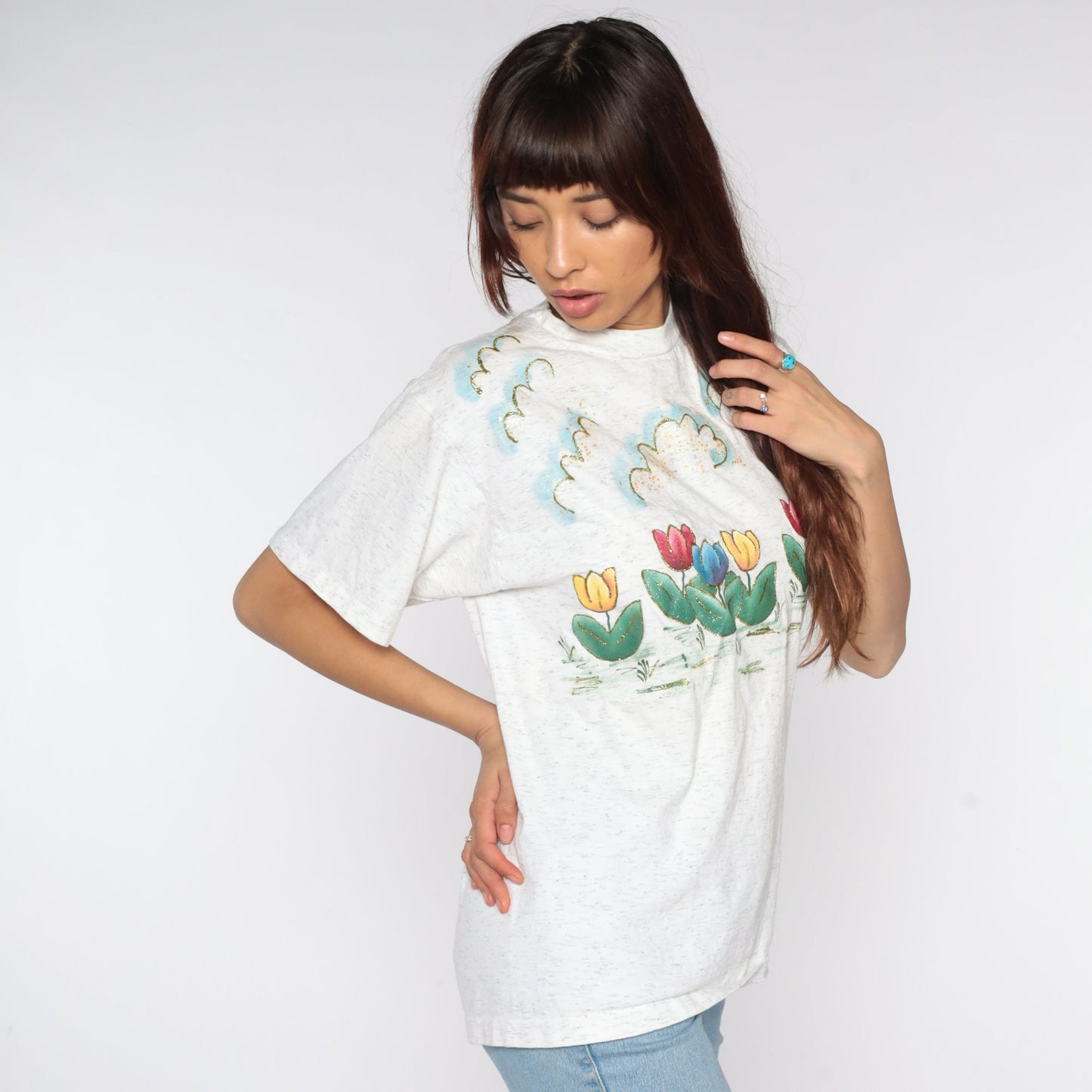 90s Glitter Tulip Floral T-Shirt Cotton Graphic Tee Medium M