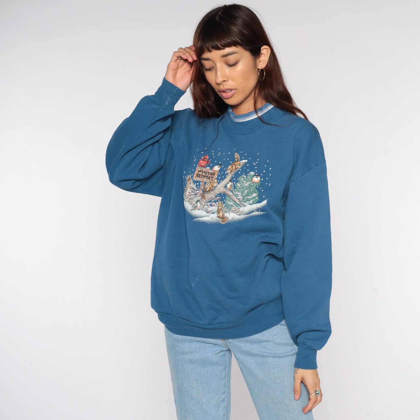 80s Winter Animal Graphic Sweatshirt Blue Mock Neck Bunny Squirrel Birds Large L