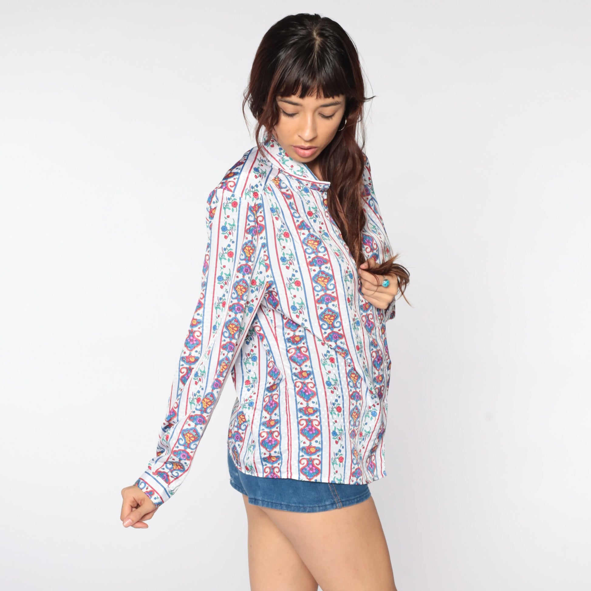 80s White Embossed Floral Button-Up Blouse Long Sleeve Extra Large XL