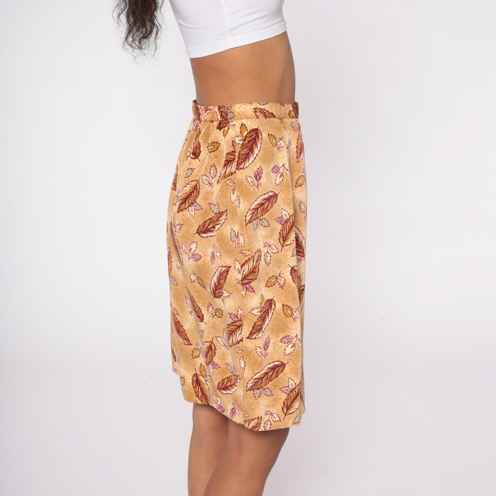 80s Leaf Print Pencil Skirt High Waist Mini Tan Brown Small