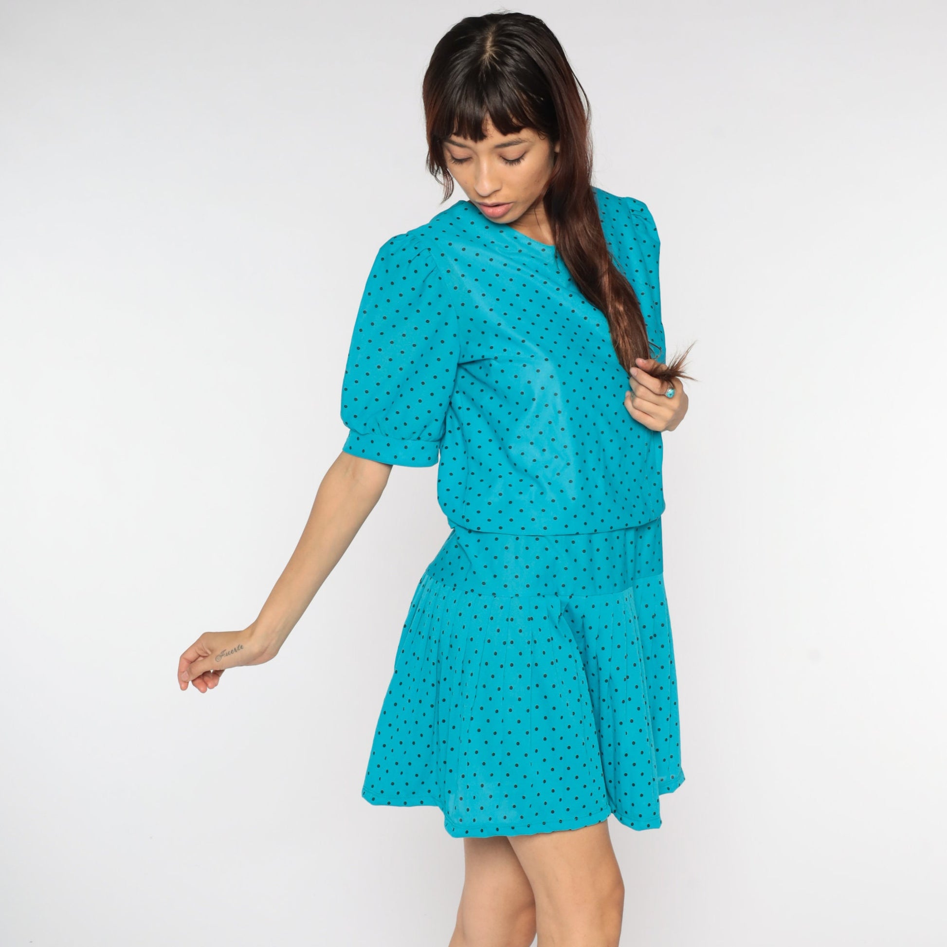 80s Blue Polka Dot Mini Dress Puff Sleeve Low Waist Large
