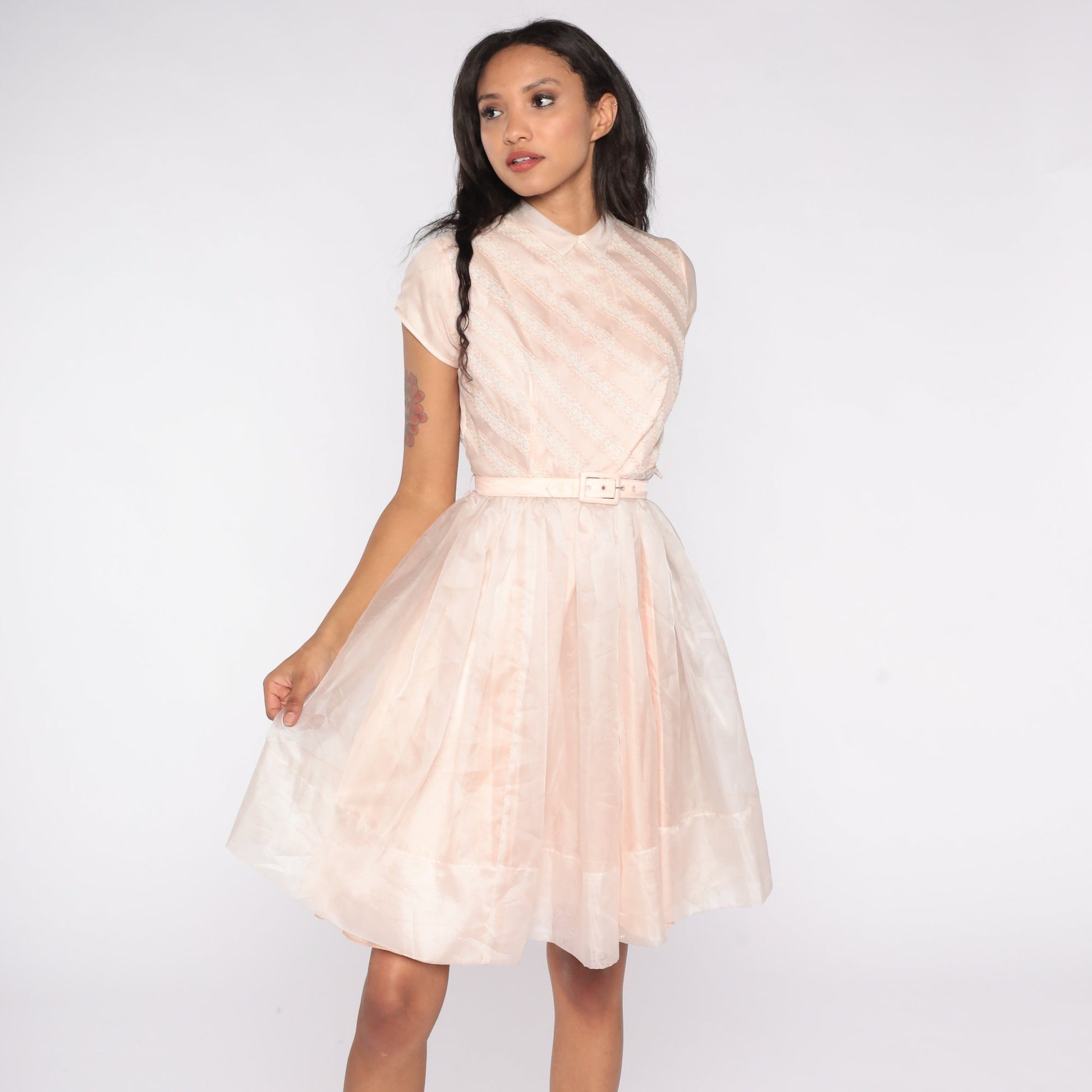 60s Baby Pink Party Dress Peter Pan Collar Full Skirt High Waisted Extra Small