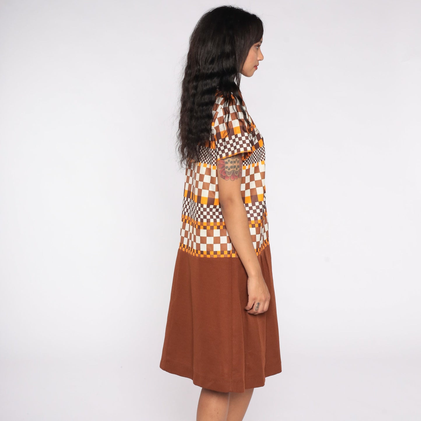 60s Mod Checkered Brown Drop Waist Minidress Short Sleeve Extra Large XL